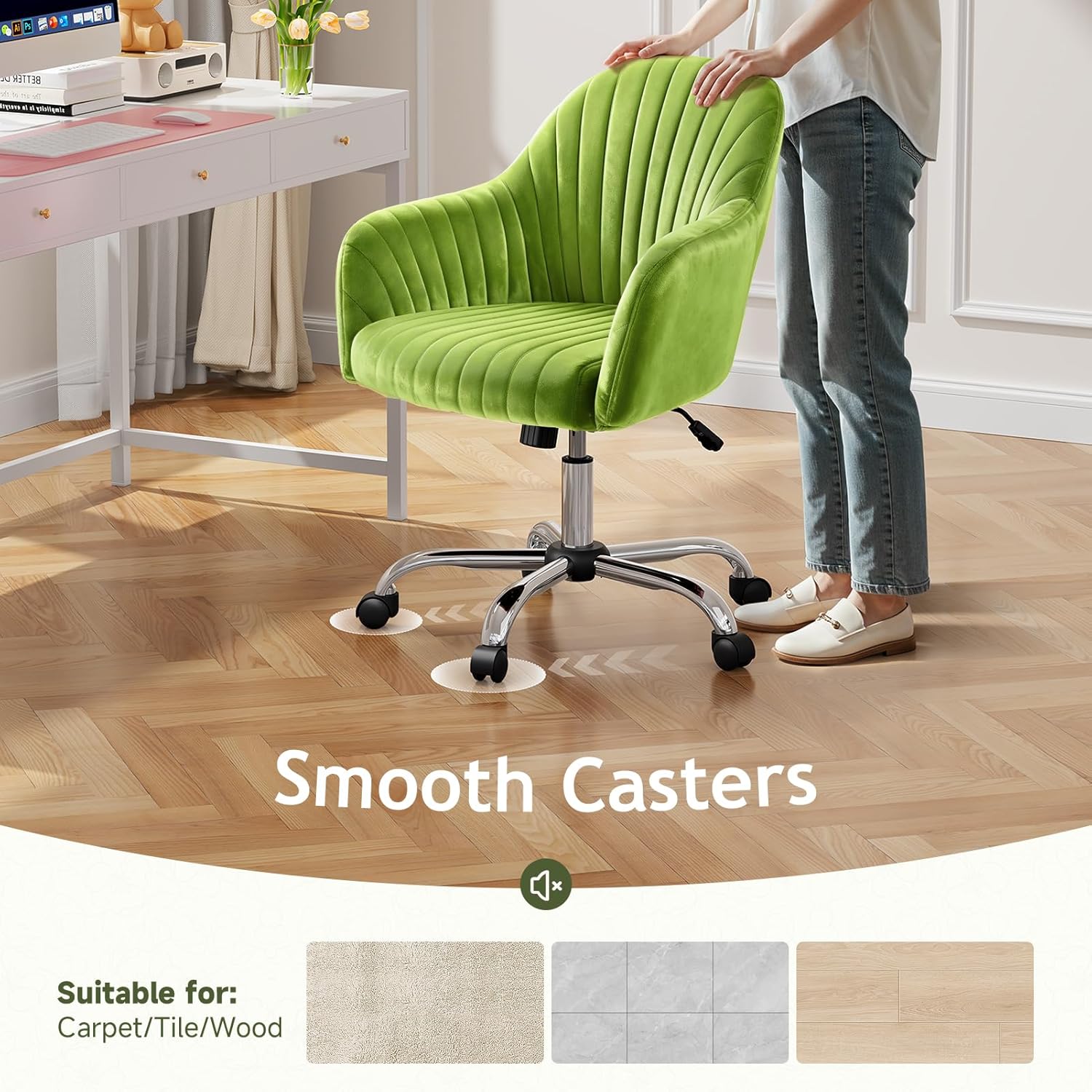 Warmiehomy Velvet Desk Chair for Home Office, Modern Swivel Task Chair, Women Vanity Chairs with Arm Rest for Bedroom Dressing Room, Velvet Moss Green