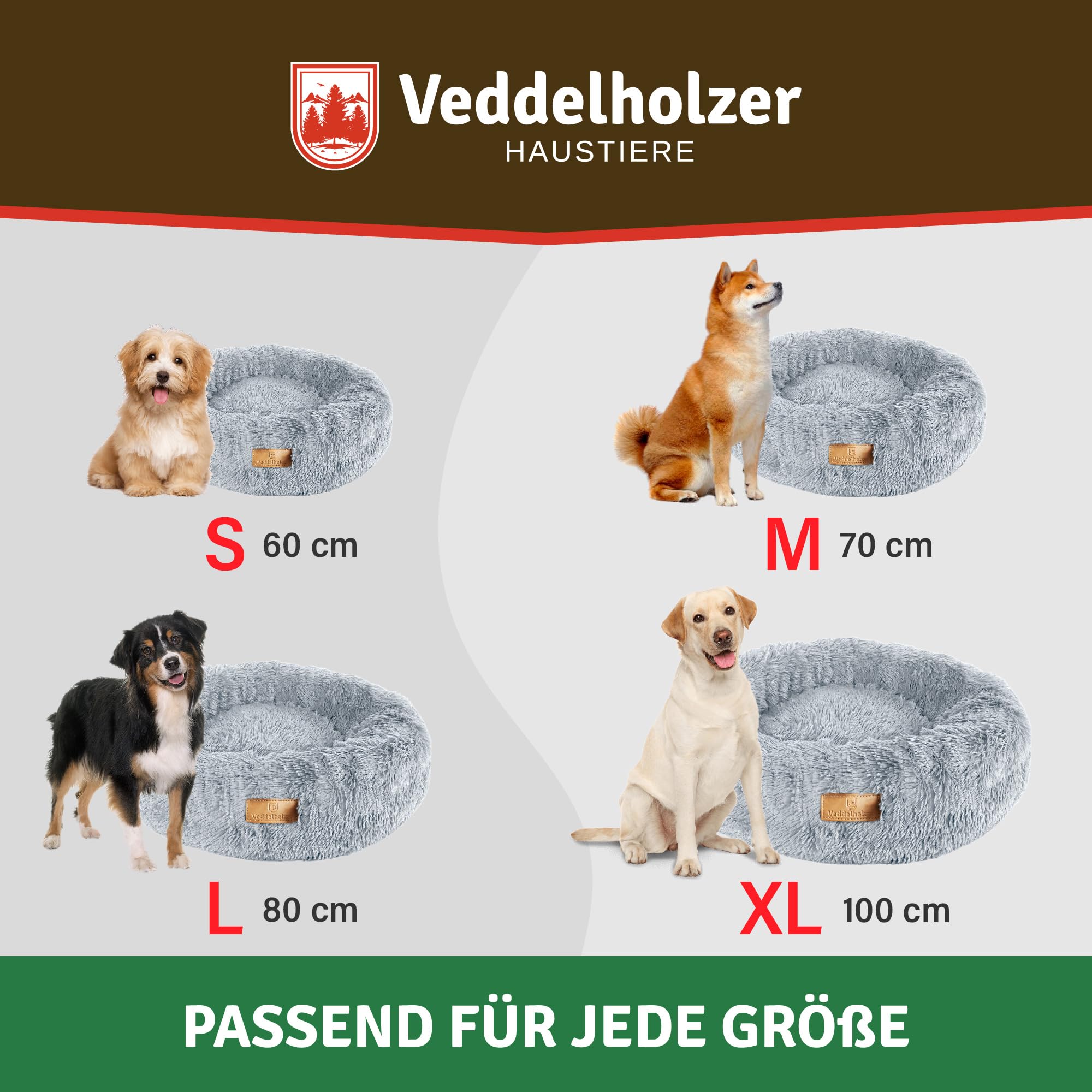 Veddelholzer Ø 100 cm (XL) Hellgrau Hundebett Katzenbett Hundekissen Hundebetten in mehreren Größen Hundebett große mittelgroße kleine Hunde waschbar in hellgrau und dunkelgrau für alle Hunde & Katzen