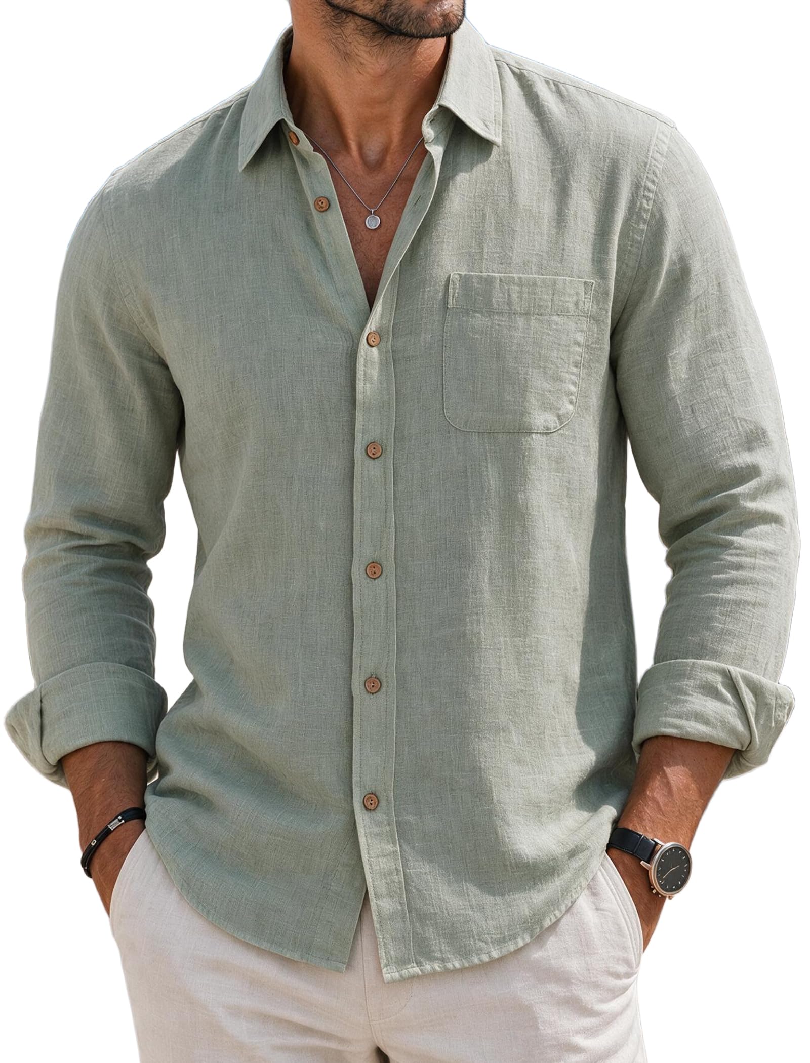 COOFANDY Men's Long Sleeve Button Down Shirt Casual Untucked Shirts Summer Beach Wedding Linen Textured Shirts