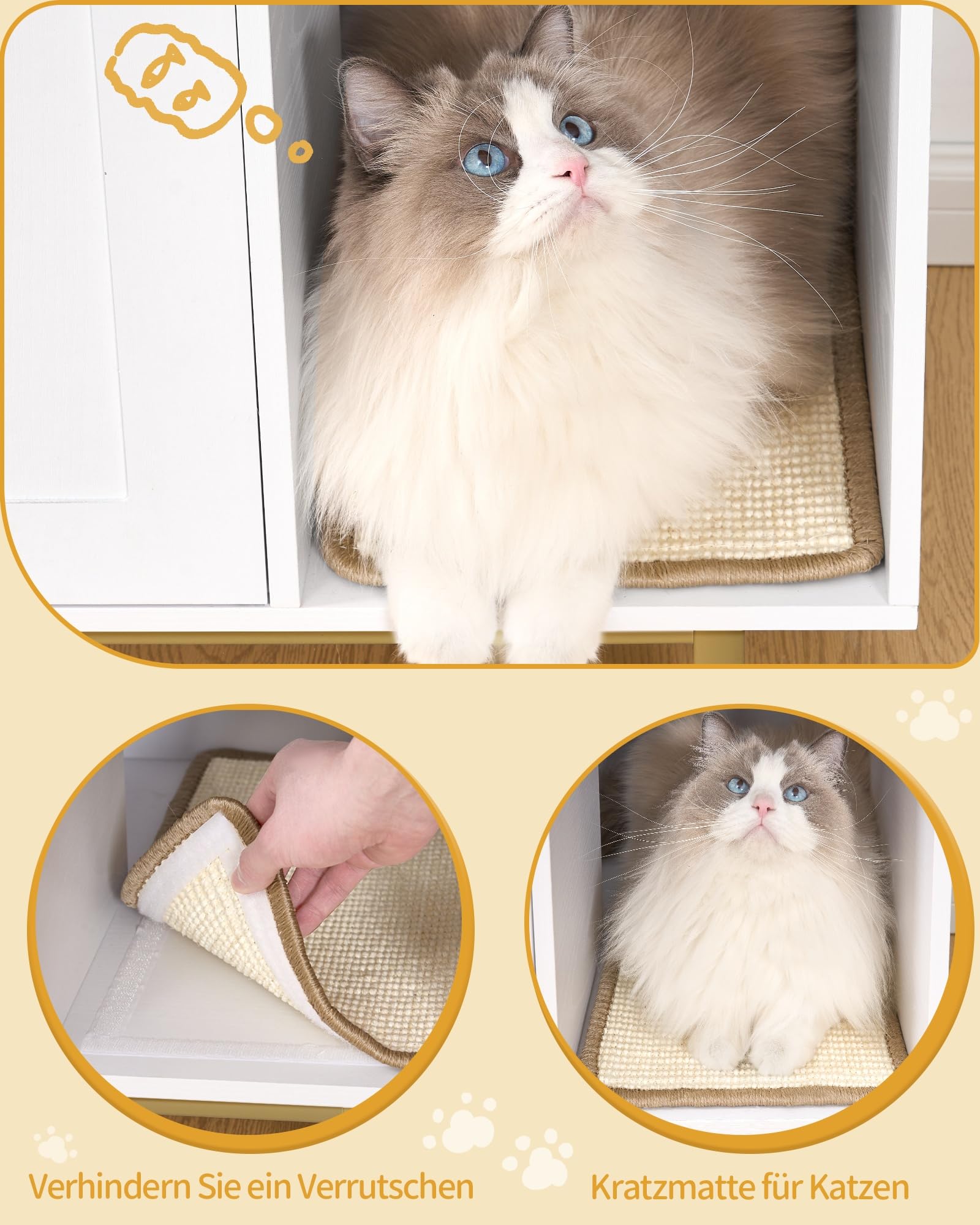 Hzuaneri Katzenschrank, Katzentoilette, Katzenklo Schrank, Katzenhaus mit Tür und separater Trennwand, 80 x 50 x 61 cm, Stabile Katzenschrank, Sitzbank, Weiß und Gold 01503GCLB