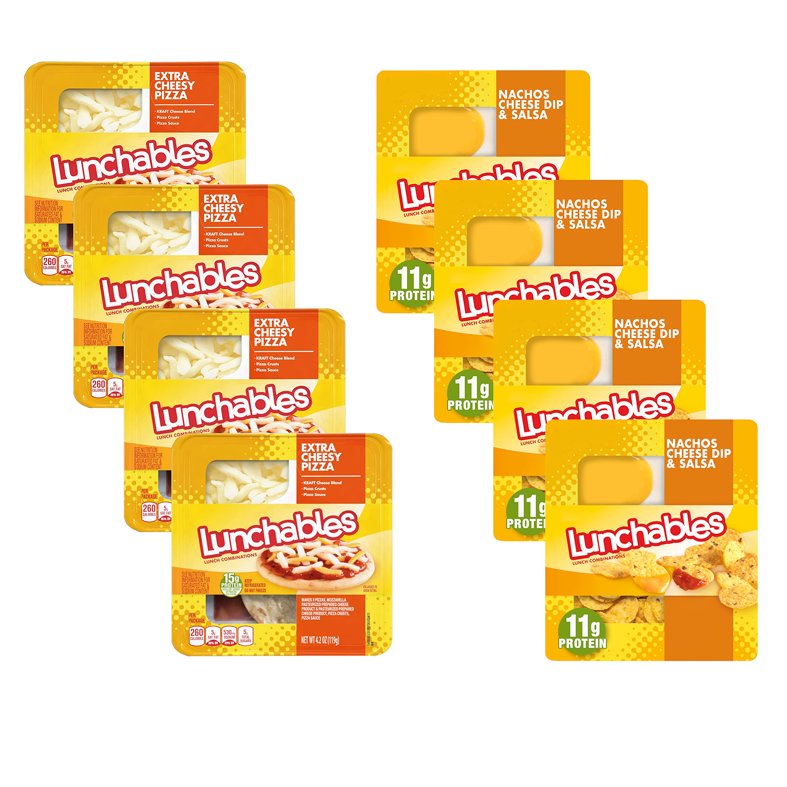Lunchables Nachos Cheese Dip & Salsa Snack Kit (4.4 Oz Tray) with Extra Cheesy Pizza Snack Kit, 4.2 