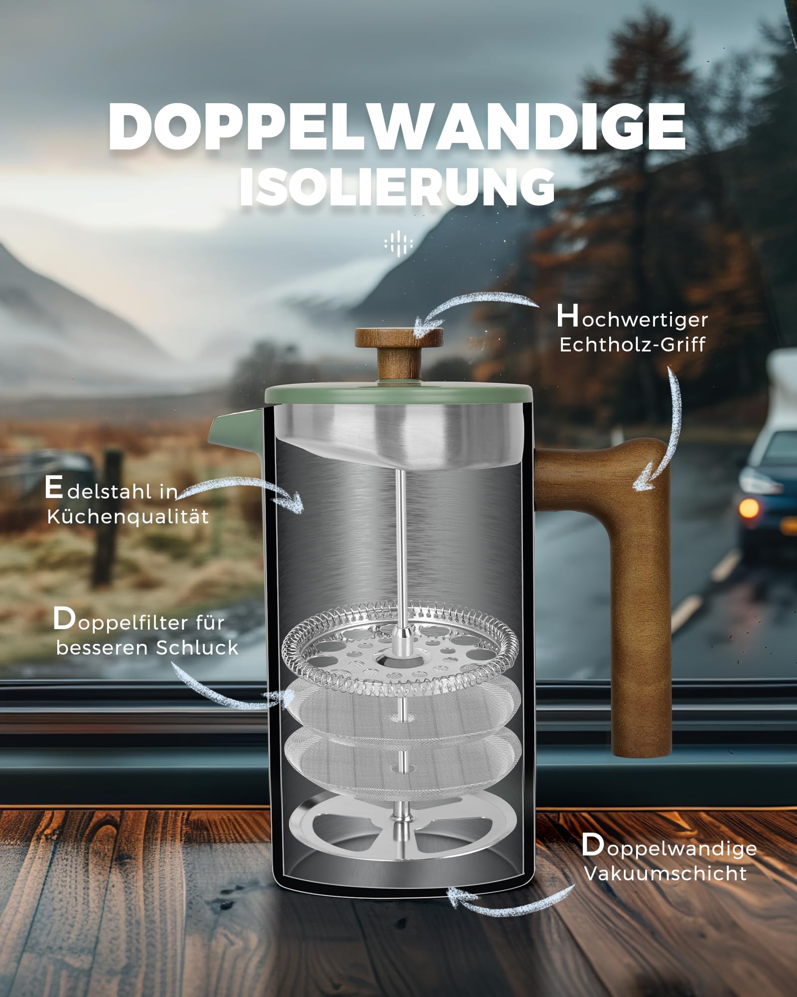 Poliviar French Press Kaffeebereiter 1 Liter/8 Tassen, Doppelwandige Isolierte Kaffeekanne und Teebereiter, Handfilter Kaffeepresse mit Plunger & Griff aus Holz, Flatland (Grün) JX2020-FPN-DE