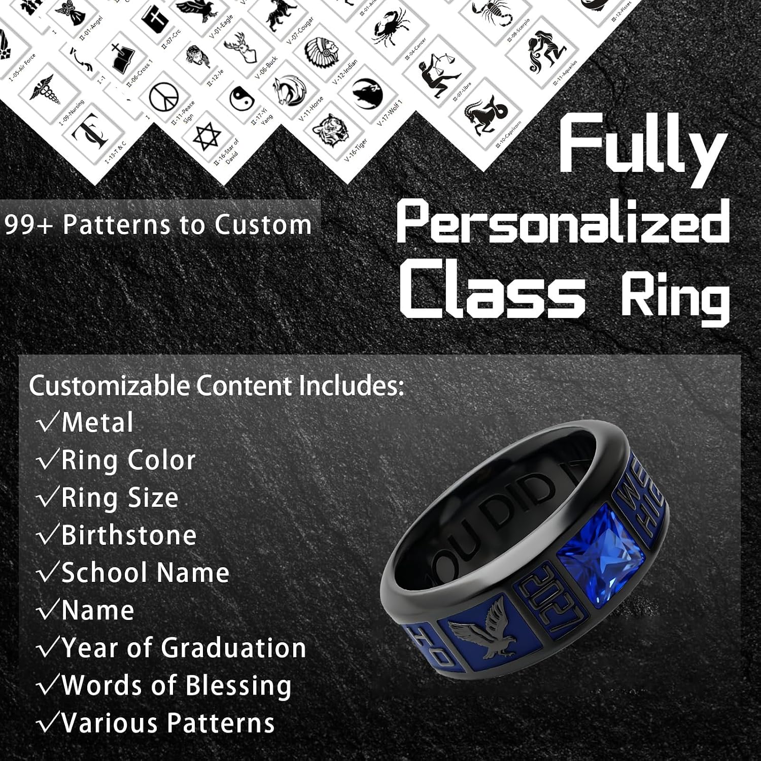 2026 High School Class Rings for Men 925 Sterling Silver Customized Graduation Ring Graduation Gifts for Him