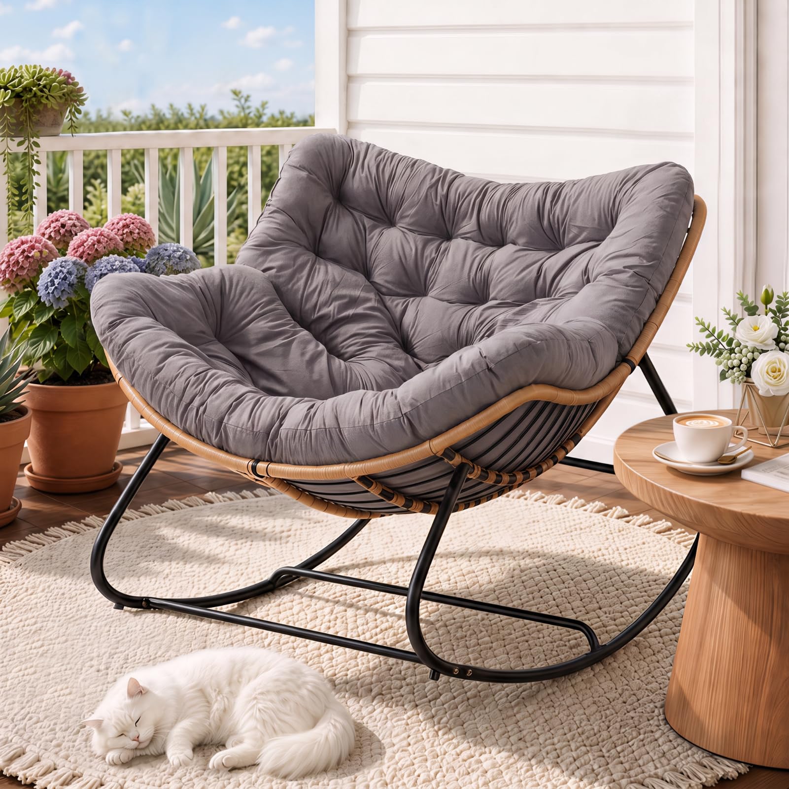 Warmiehomy 90cm Indoor Outdoor Rocking Chair with Removable Cushion, Grey