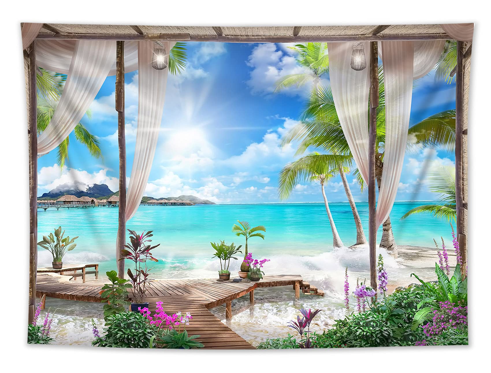 LB 235x180cm Arazzo Oceano turchese Arazzo da Parete Spiaggia Telo da Parete Paesaggio tropicale dell'isola dal balcone Arte Muraria per Soggiorno Camera da Letto Dormitorio Decorazione
