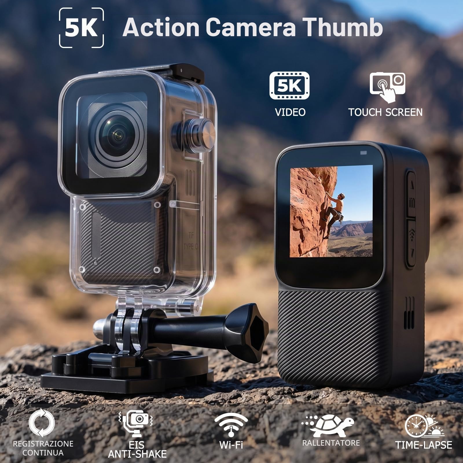 ydi Action Cam Impermeabile 5K/30fps, Videocamera Portatile per Vlog, Fotocamera Subacquea da Pollice con EIS, Wi-Fi, Touchscreen, Kit di Accessori, Scheda da 64GB