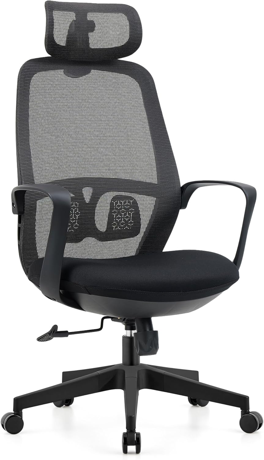 Cadeira de Escritório Ergonômica Com Cabeça e Encosto de Cintura, Encosto Alto de Malha e 10cm Almofada Espessa Com Inclinação de 90° e Base Giratória e Altura Ajustável (Preto)