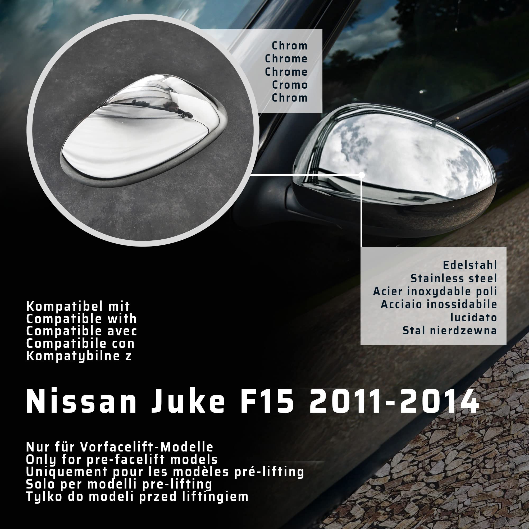 CHROMEMASTER | Nakładki na Lusterka Zewnętrzne | Kompatybilne z Nissan Juke F15 2011-2014 | Stal nierdzewna; Osłony Lusterek to Niepowtarzalny Wygląd Auta i Ochrona Przed Uszkodzeniem