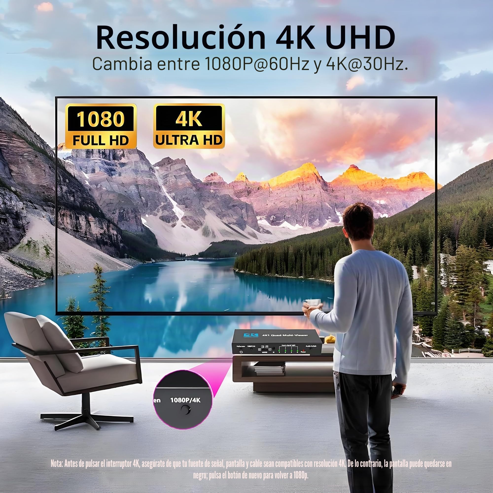 HDMI Multi-Viewer 4X1, Conmutador Sincronizado 4 en 1 Salida, Conmutador Quad Multi Viewer con Control Remoto IR, Soporta 4K 30Hz, 1080P@60Hz, 5 Modos de Visualización para Cámara, Consolas de Juegos