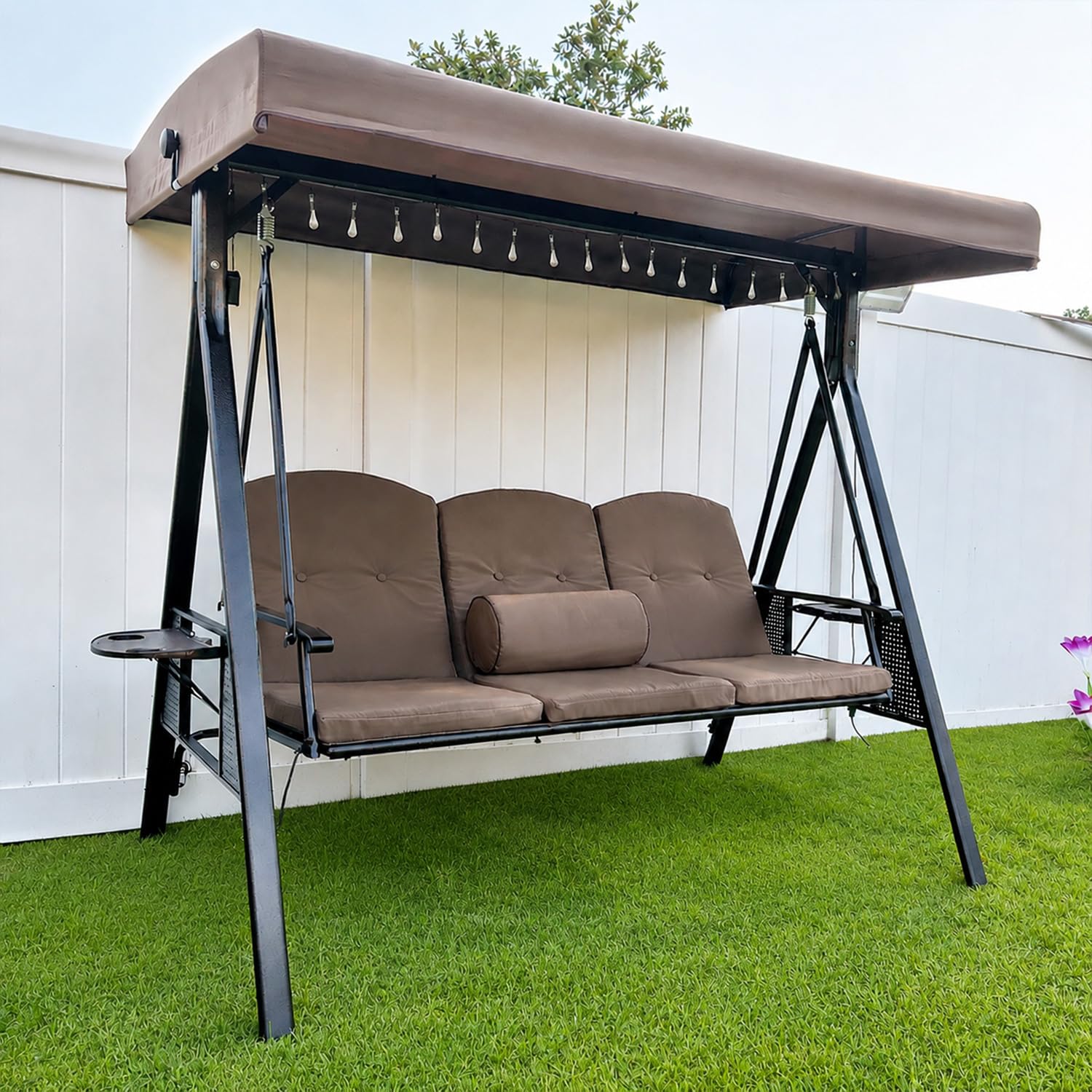 PURPLE LEAF Outdoor Porch Swing with Bronze Aluminum Frame & Solar Lights