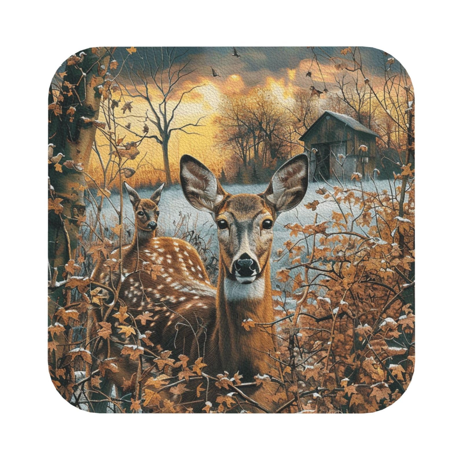 Camouflage Deer Print Leather Coaster Set of 6, Square Coasters Table Decorative Coffee Cup Beverage Coasters Wine Beer Bar Coasters for Hot Drinks Table Protection