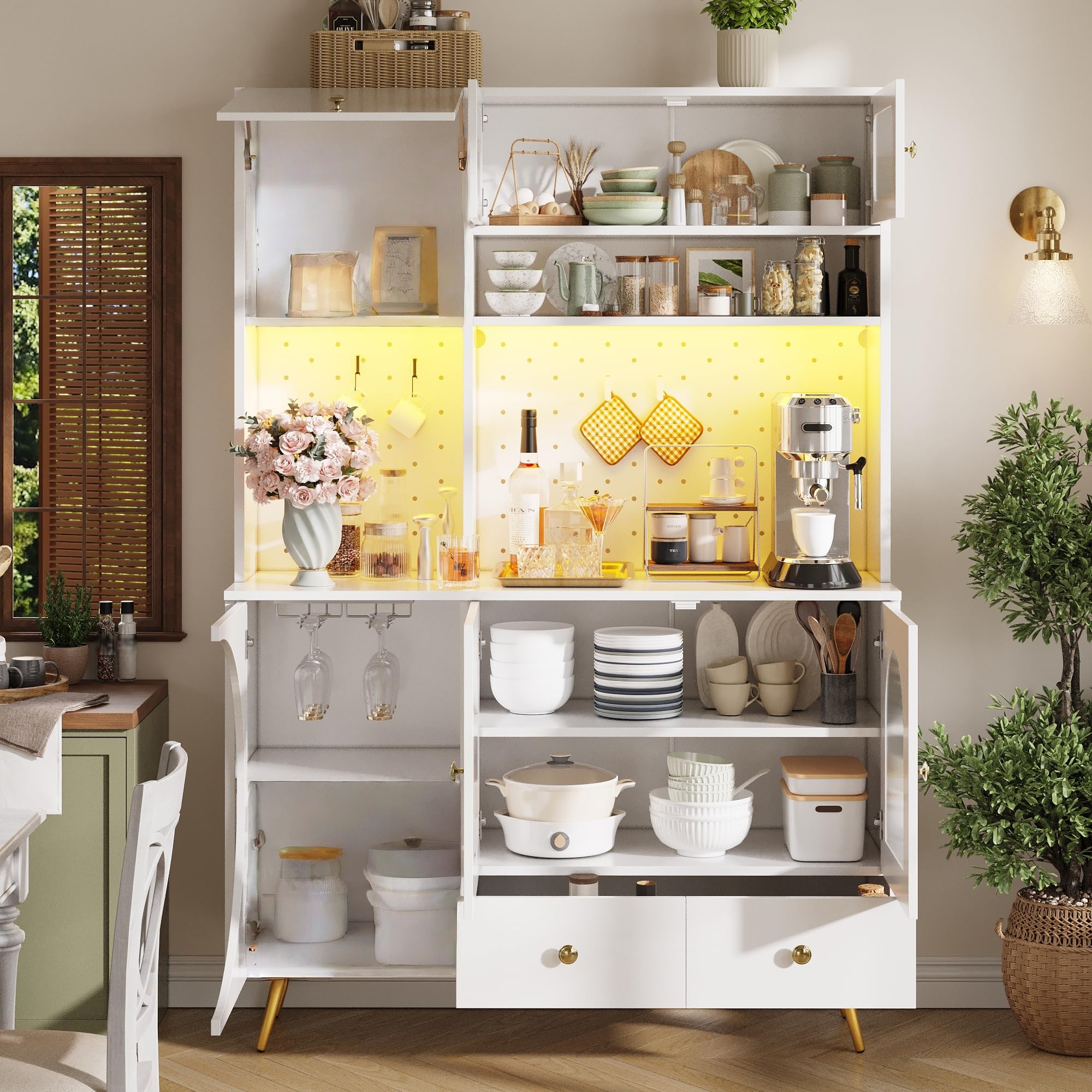 Aparador Cocina Alto Armario Cocina con Enchufe y LED, Alacena de Cocina con Puerta Vidrio y Placa Orificio, Mueble Aparador con Portavaso y Cajón, Dispositivo Antivuelco, 120x40x176 cm, Blanco