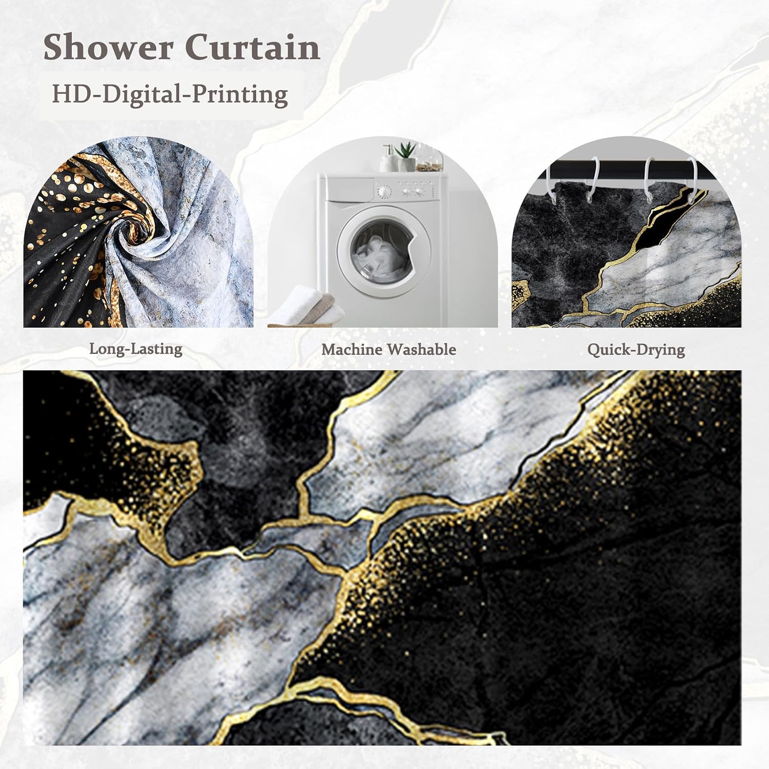 Black Gold Marble Shower Curtain with Hooks, Modern Bath curtain, 72x72in