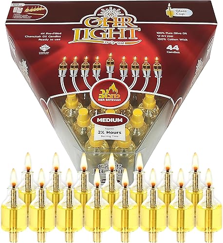 Velas Ner Mitzvah, copas de aceite de oliva pre-llenadas, Hanukkah, menorá, con mecha lista para usar, 44 unidades de velas Ohr
