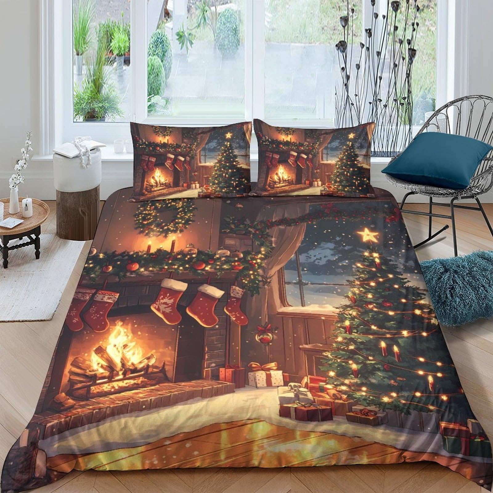 Ctjqhvkz Style-1 3D Printed Christmas Fireplace Fitted Sheet Microfiber Soft Warm Xmas Tree Bed Cover For Bedroom Guest Room Mattress Protection Single（135X200cm）