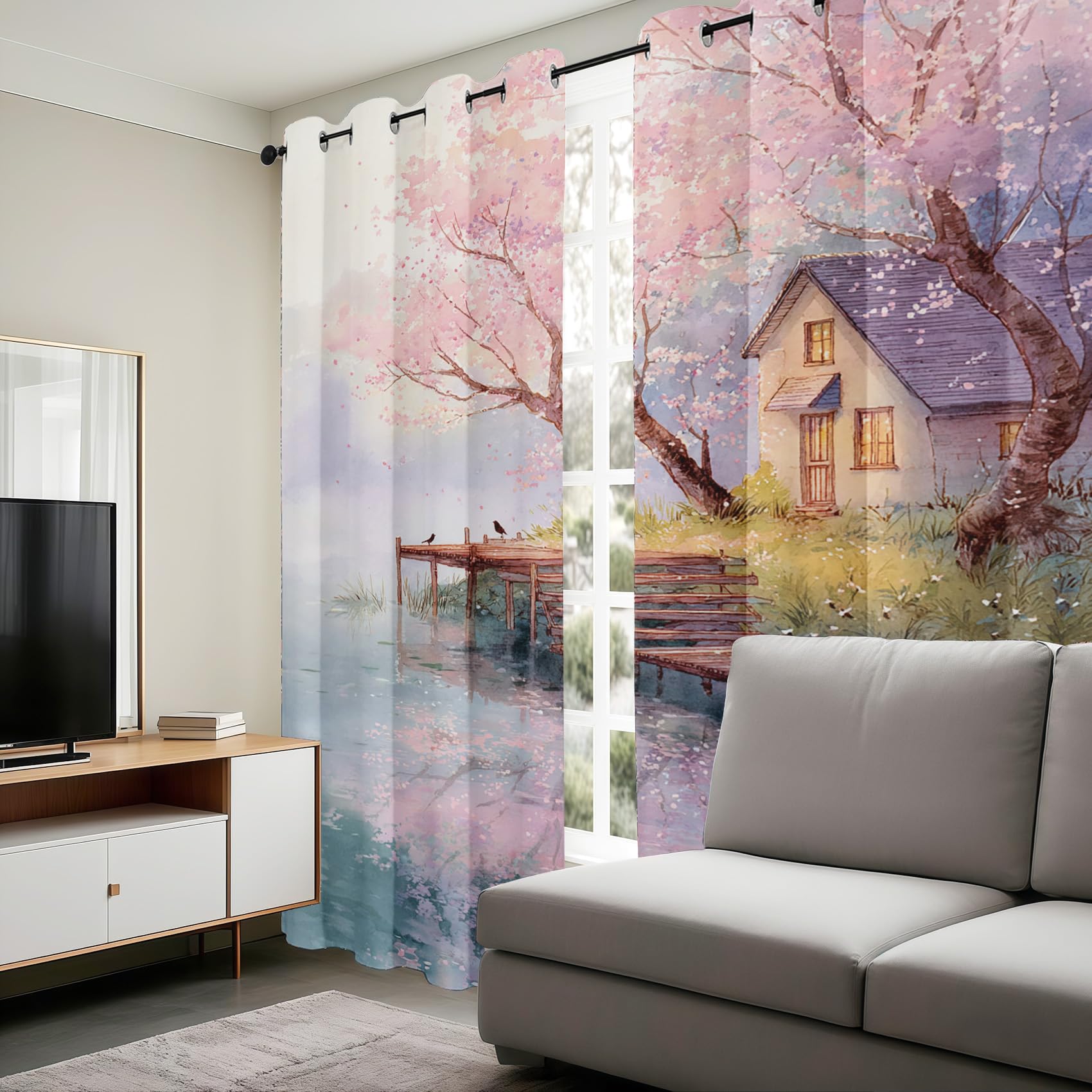 Generisch See Haus Vorhänge Aquarell Blume Vorhang Blickdicht, Gardinen mit Ösen 2er Set, Thermovorhang für Wohnzimmer Schlafzimmer Fenster Deko H 200 x B 85 cm K369p