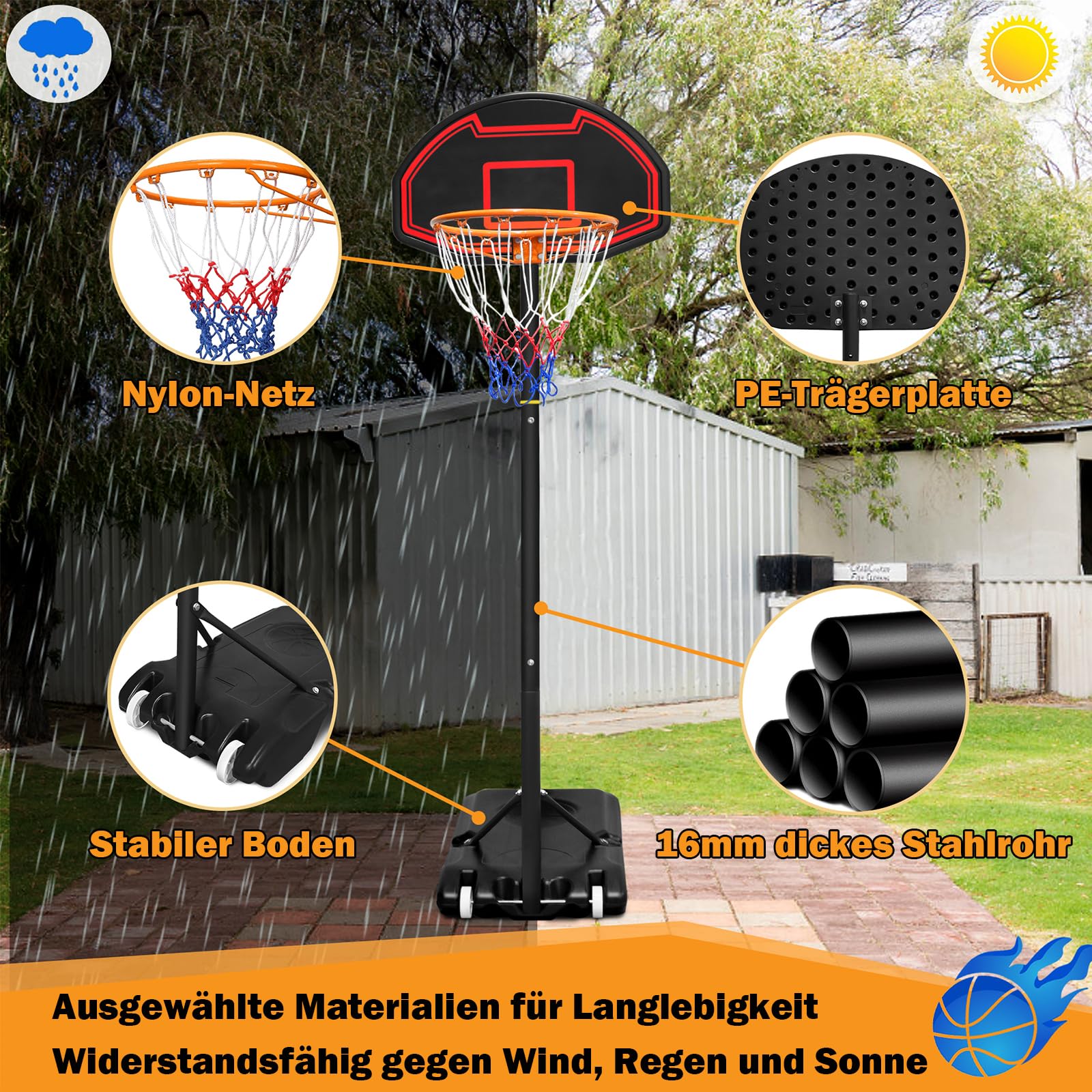 Basketballkorb Outdoor Höhenverstellbar 156-208cm mit Basketball + Pumpe für Kinder - Mobile Basketballanlage mit Rollen