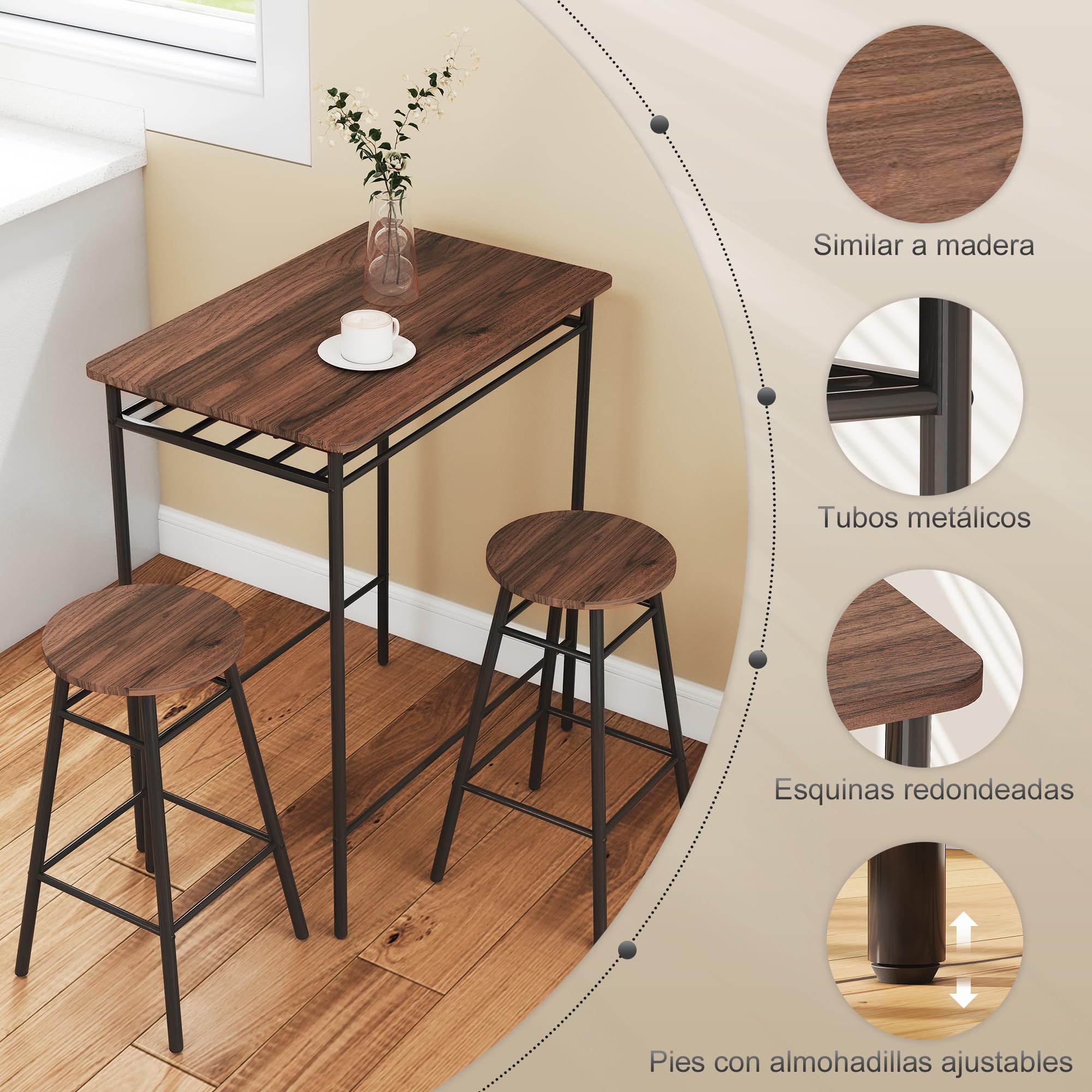 HOMCOM Juego de Mesa y Taburetes de Bar, Mesa Alta de Cocina con 2 Taburetes Industrial, Estante Abierto, Reposapiés, Ahorro de Espacio, para Espacios Reducidos, Comedor, Salón, Marrón