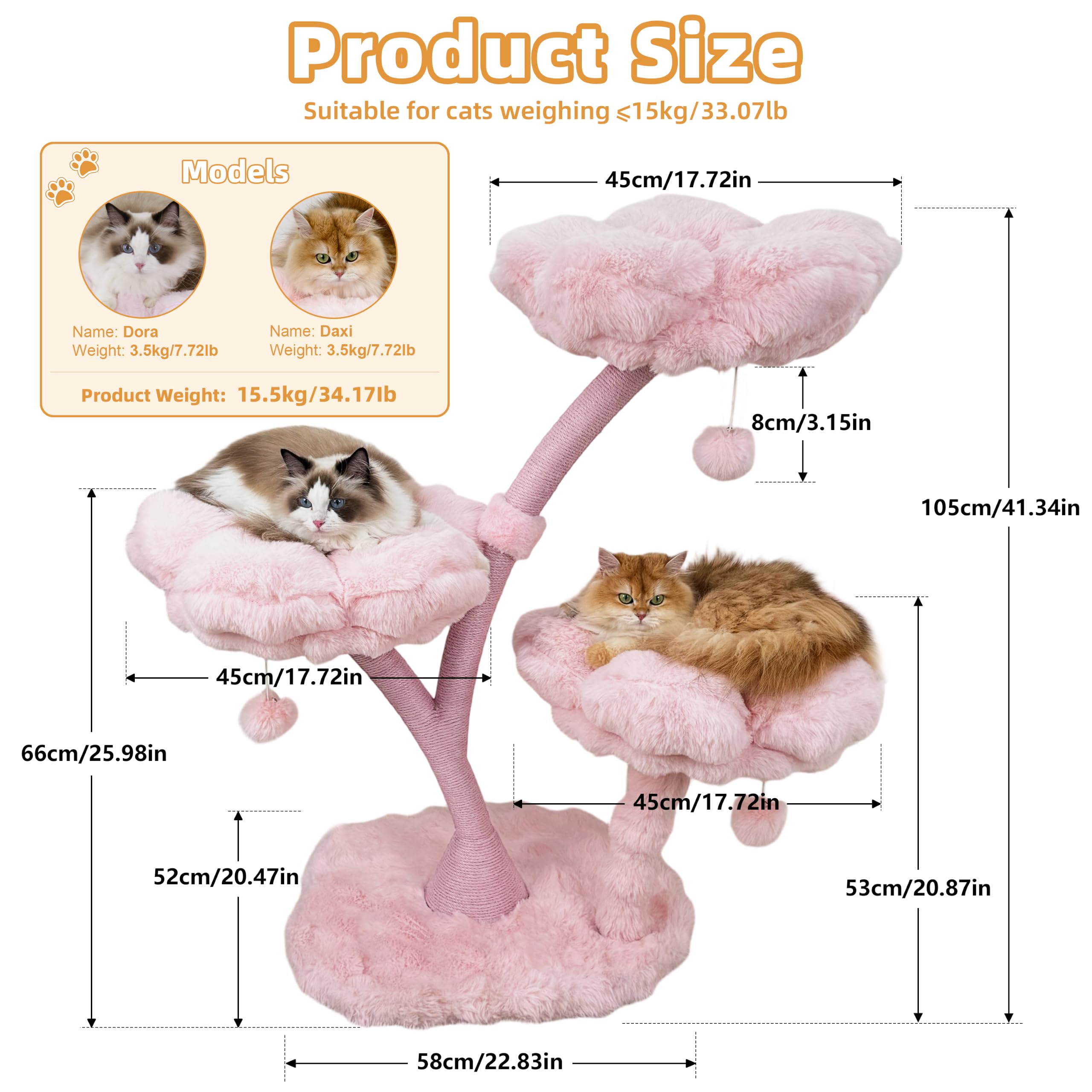 BingoPaw Estetico Albero Tiragraffi per Gatti Alto 105cm Carino Rosa