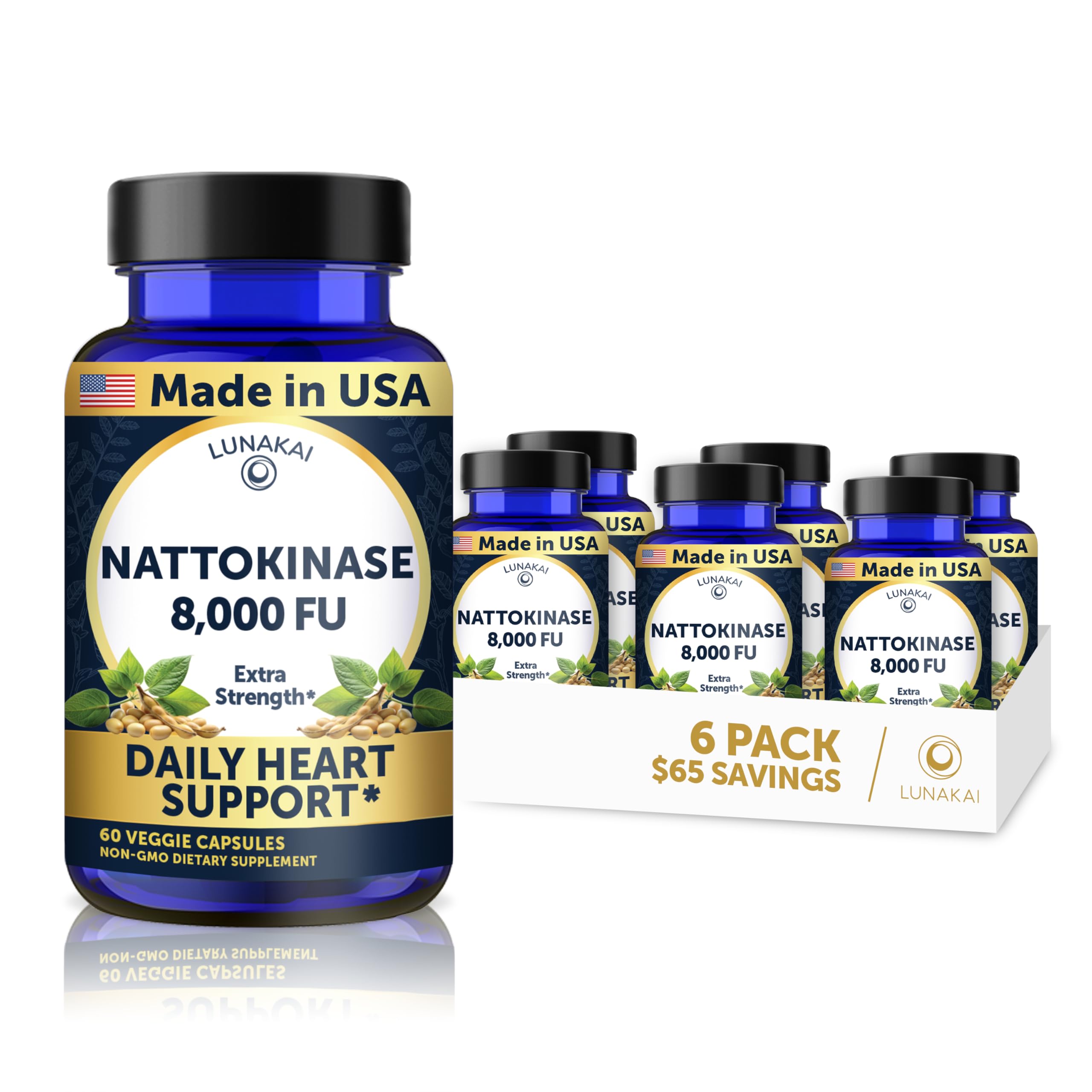 Lunakai USA Made Nattokinase Supplement – 400mg Natto Enzyme, 360ct 60 Count (Pack of 6) Nattokinase Capsules