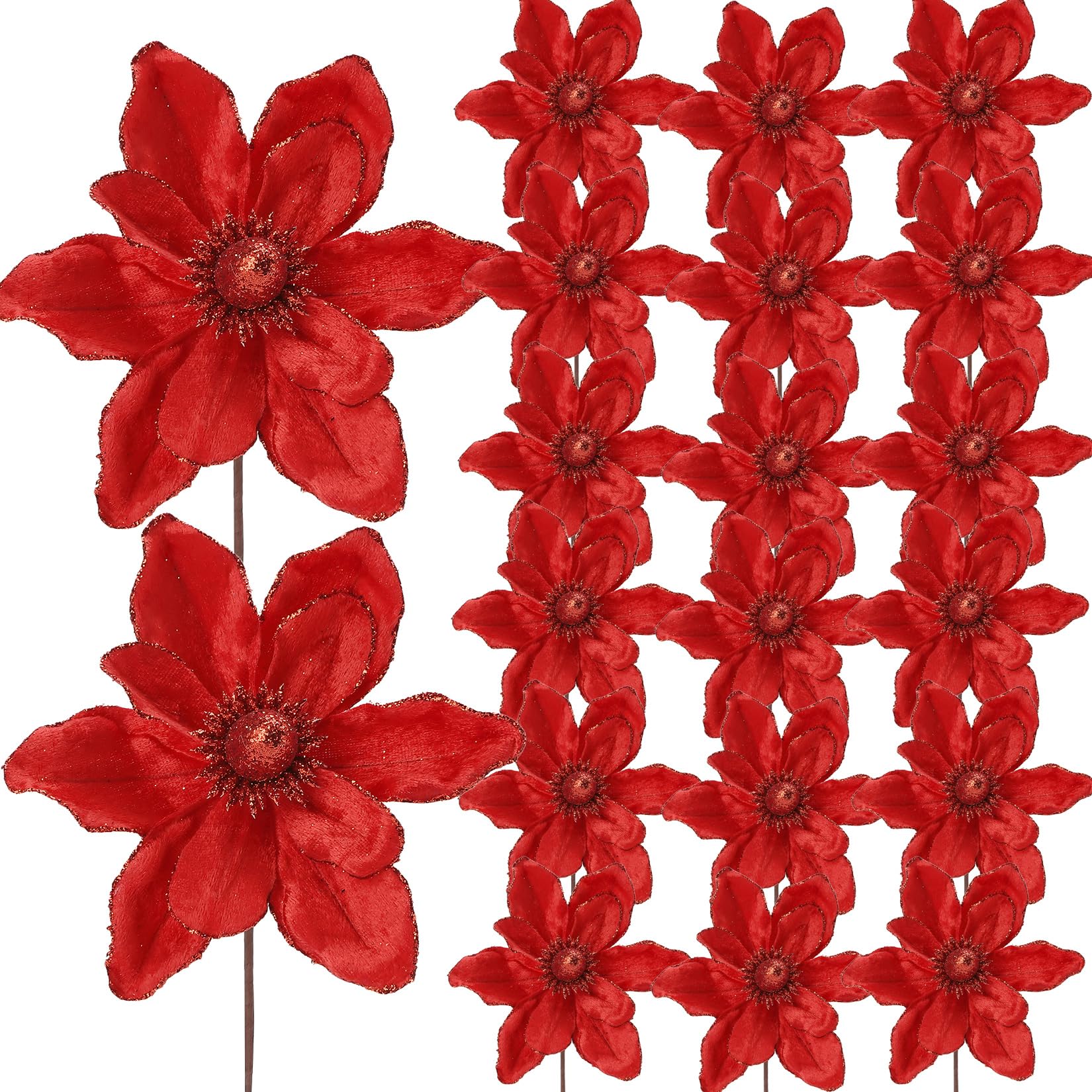 Takywep 20 Count Glitter Magnolia Flowers, 6.3" Red Velvet Fake Blooms with Stem, Festive Ornaments for Christmas, Wedding and Holiday Decor