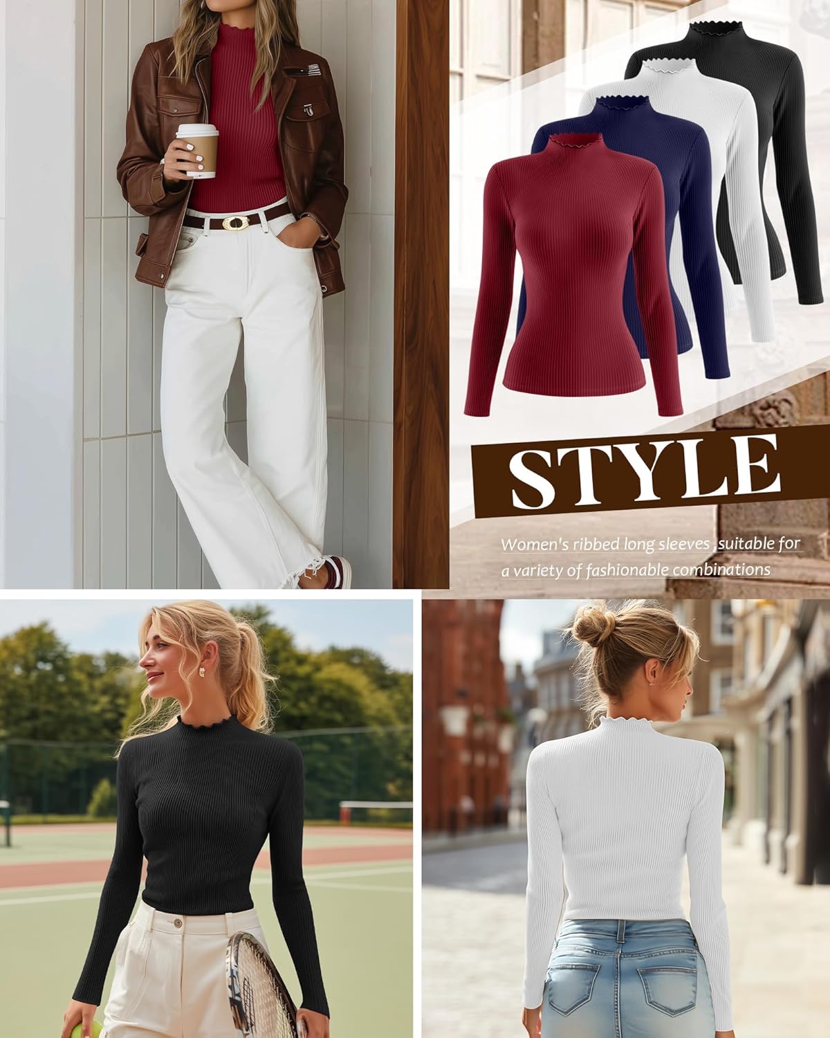 Riyiper 4 Pack Cotton Women's Mock Turtleneck Long Sleeve Tops Ribbed Lettuce Trim Slim Fit Basic Shirts Thermal Base Layer - Image 6