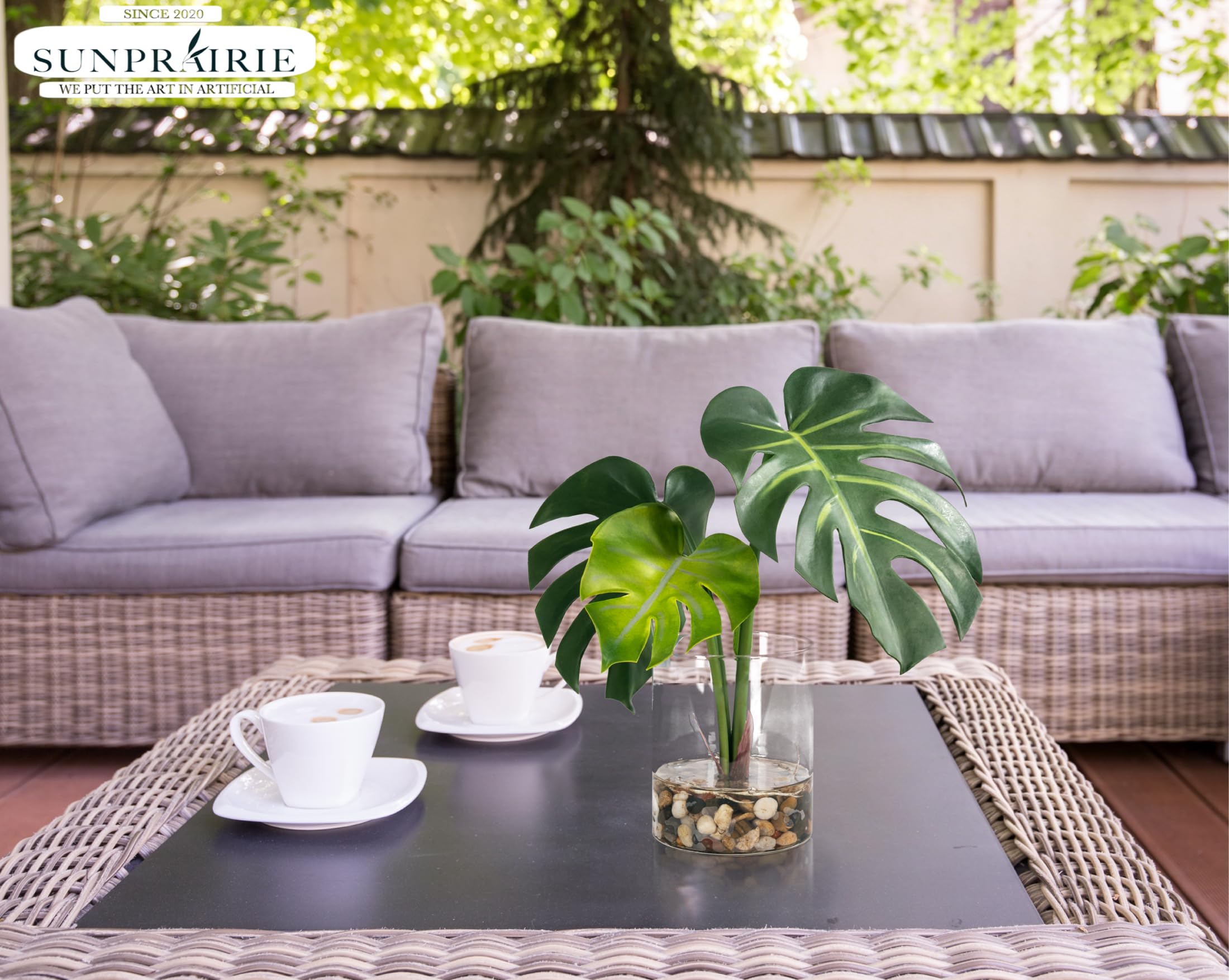 SUNPRAIRIE Plante artificielle réaliste en pot transparent avec de l'eau artificielle, larges feuilles de monstera, plantes artificielles d'intérieur et d'extérieur