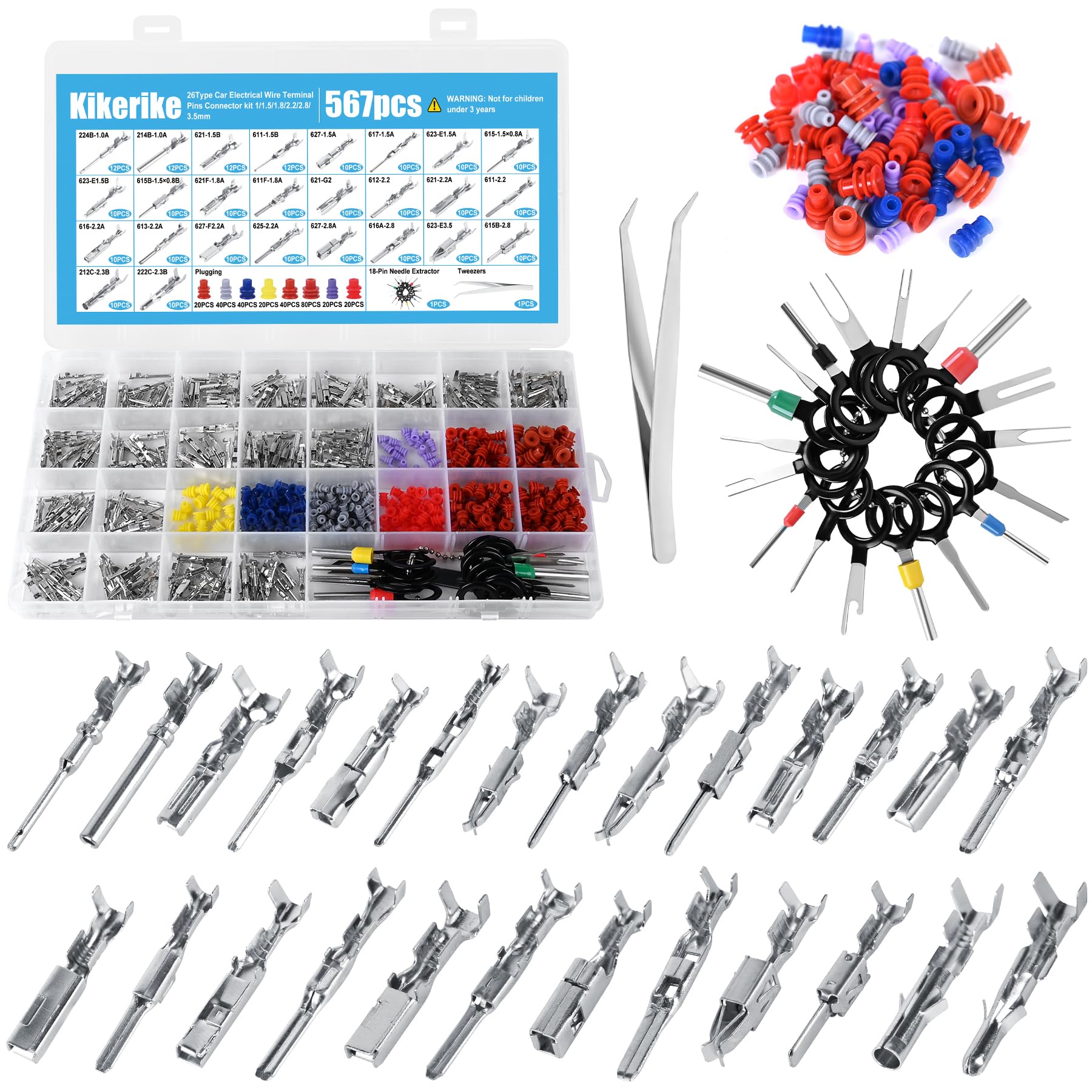 567-teiliges Steckverbinder-Set, 26 Arten, 1/1,5/1,8/2,2/2,8/3,5 mm, 22 Gauge, 12-poliger elektrischer Draht, männlich und weiblich, Reparatur-Set