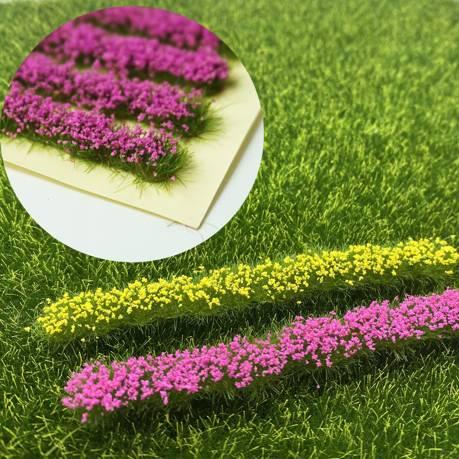 2 Bandes D'herbe Miniature Fleuries – Violet Et Jaune – Pour Modélisme Ferroviaire Et Décoration 3D