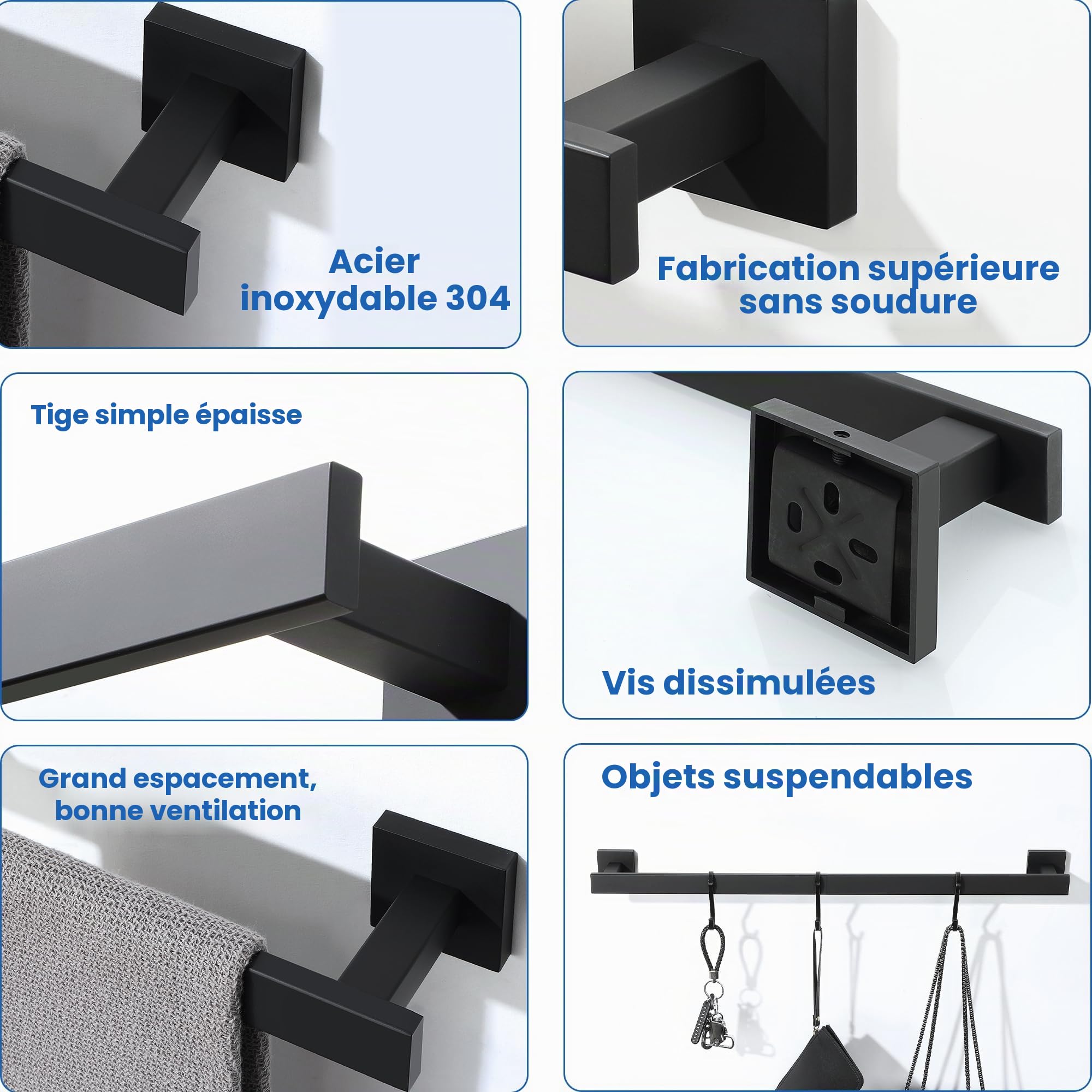 Mooche Porte Serviette Salle de Bain, Longueur 70 CM, Barre Serviette Salle de Bain en SUS304 Acier Inoxydable, Porte Serviette Murale à Cuisine ou Douche, Noir