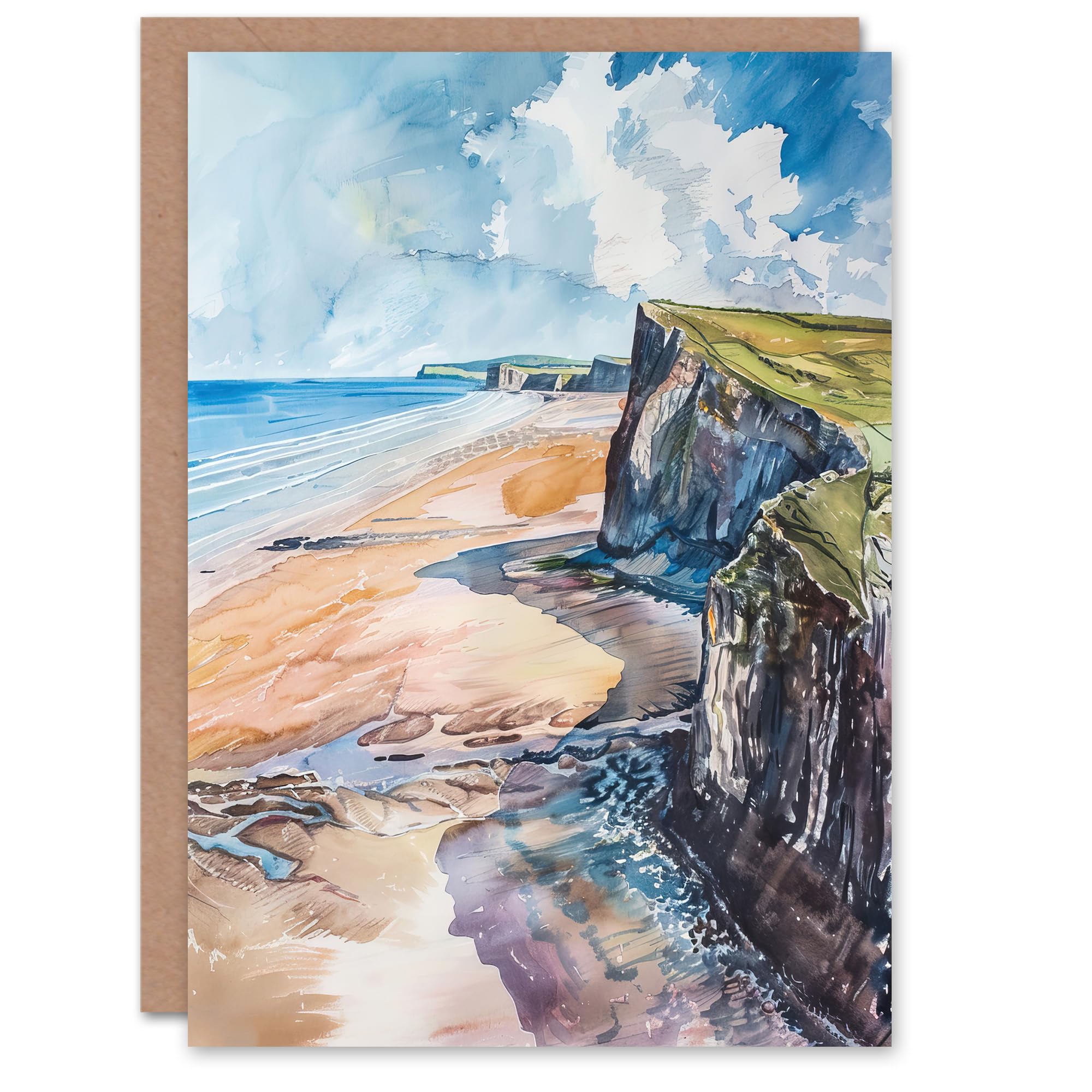 Artery8 Greeting Card Rhossili Bay Coastal Cliff Landscape Watercolour Blank For All Him Or Her Art Birthday Card