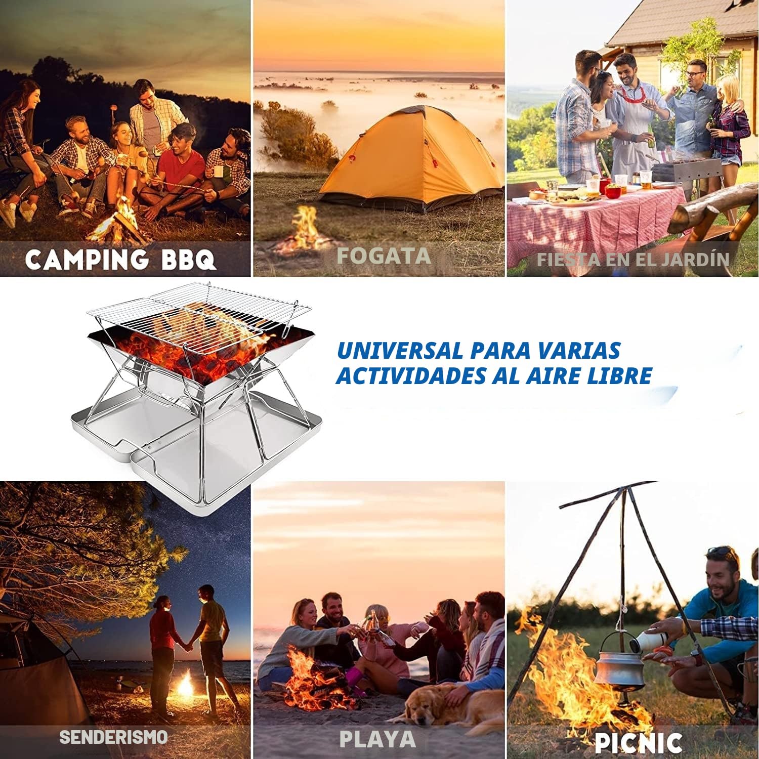 KAHEIGN Pozo de Fuego de Acero Inoxidable, Parrilla Plegable para Barbacoa Fogata Portátil Parrilla de Carbón de Leña Elevable para Cámping Picnic Jardín - con Caja de Hierro, Bolsa de Transporte