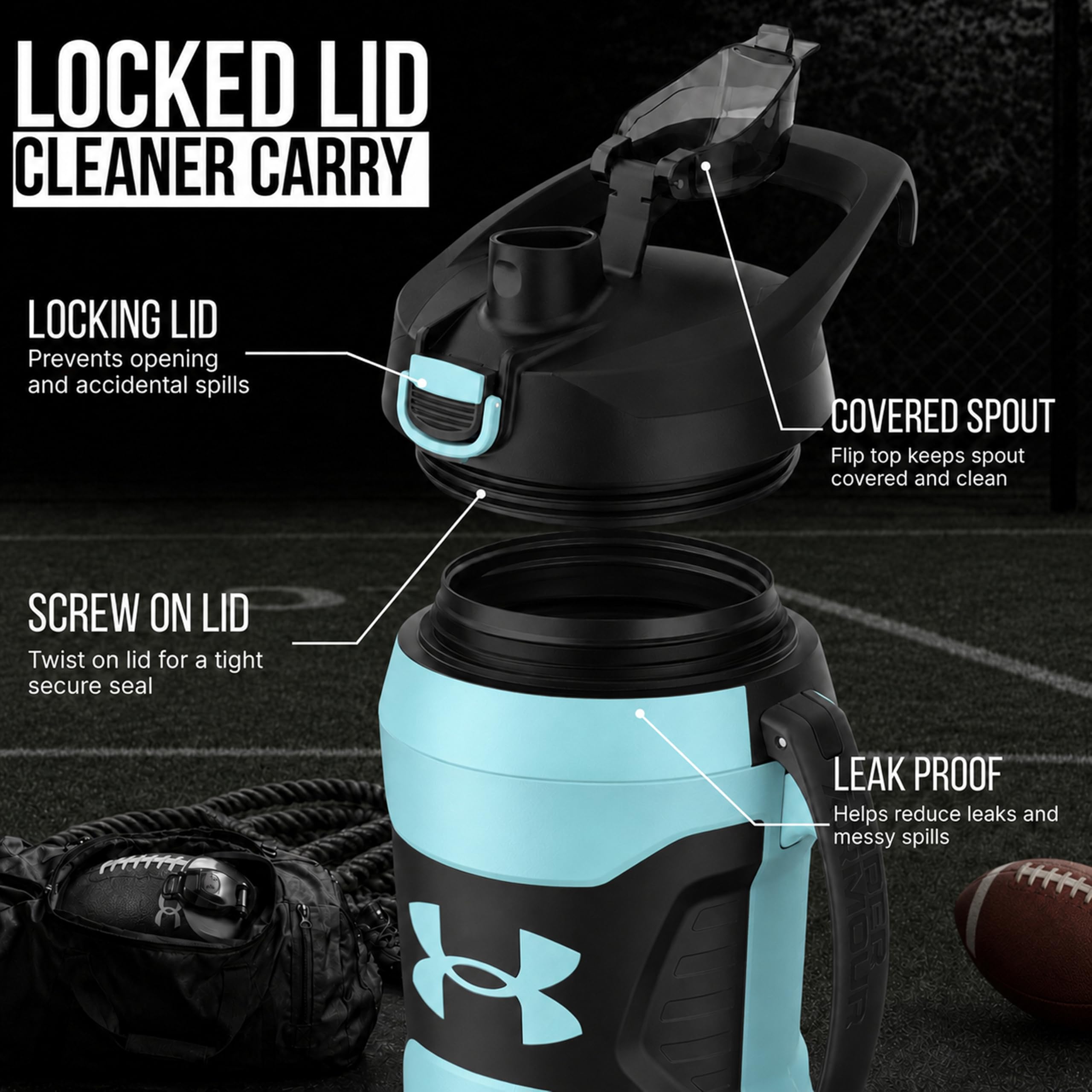 Under Armour Botella de agua de medio galón aislada, botella de agua aislada de 64 onzas con asa, jarra de agua deportiva, gancho de cerca, resistente a fugas, para béisbol, fútbol y más