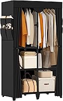 Jofuler Black Portable Wardrobe Closet: Easy Assembly, 2 Hanging Rods, 4 Shelves, 8 Pockets, Sturdy Steel Frame for Bedroom Dorm Organization