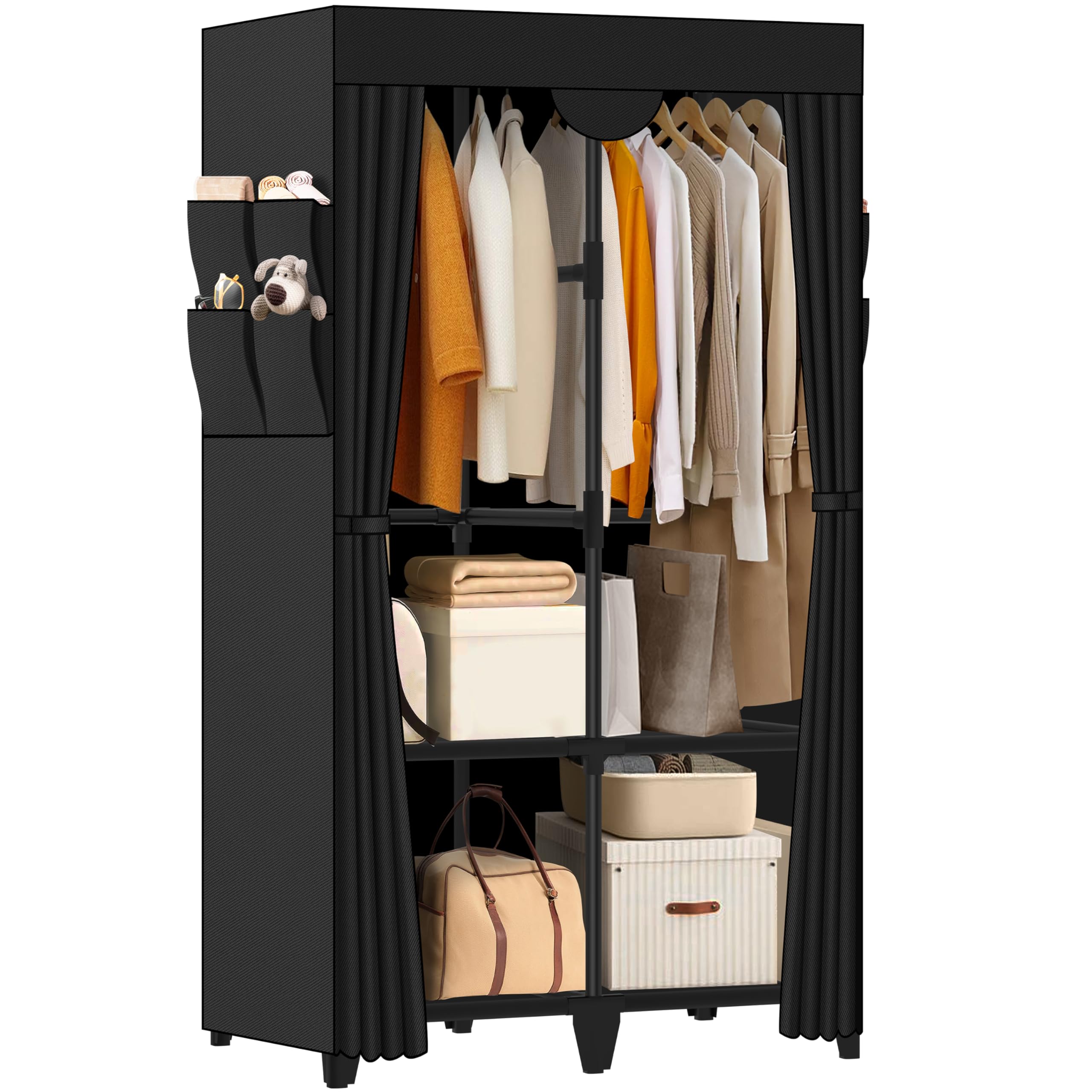 Wardrobe Closet Quick and Easy Assembly Black Portable Closet with 2 Hanging Rods 4 Storage Shelves and 8