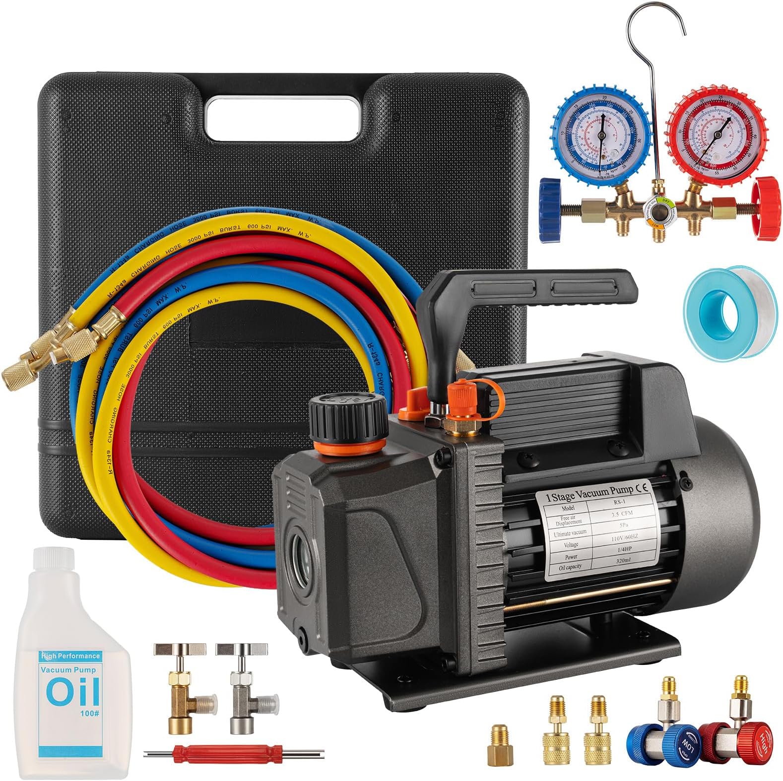 Vacuum Pump 3.5CFM 1/4HP Single Stage Air Vacuum Pump HVAC with R134A R410A Kit AC A/C Manifold Gauge Set for Air Conditioning Refrigeration Recharging