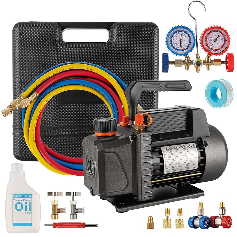 Bomba de Vácuo para Ar-Condicionado 3,5 CFM 1/4 HP, Estágio Único, 110 V com Kit de Manifold R134a R410a R22 SHZOND