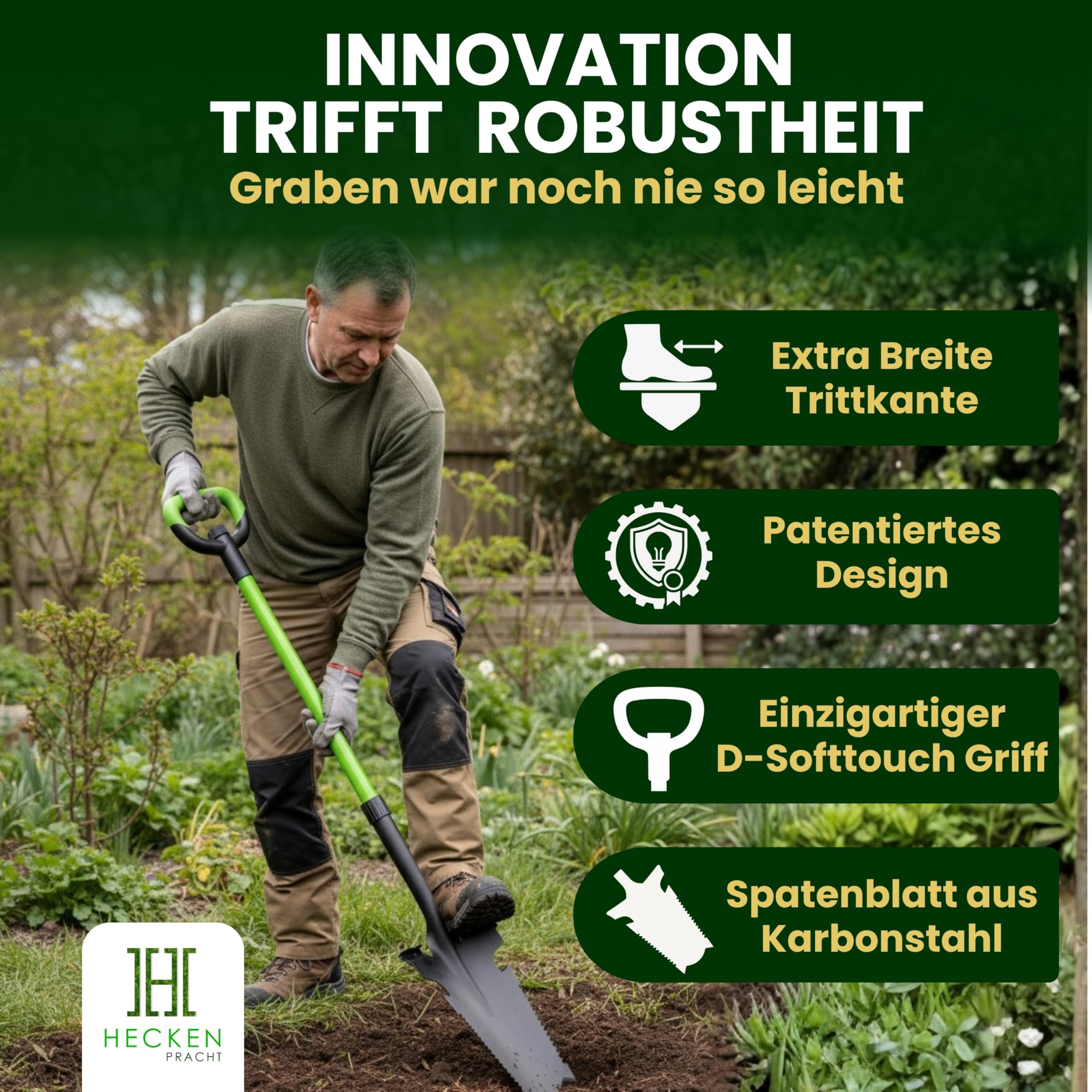 Heckenpracht® Profi Spaten mit Wurzelsäge | Wurzelspaten mit Sägefunktion | Perfekt für Harte Böden | Ergonomischer Griff & extra breite Trittkante | Gärtnerspaten mit Ultra stabilem Spatenblatt