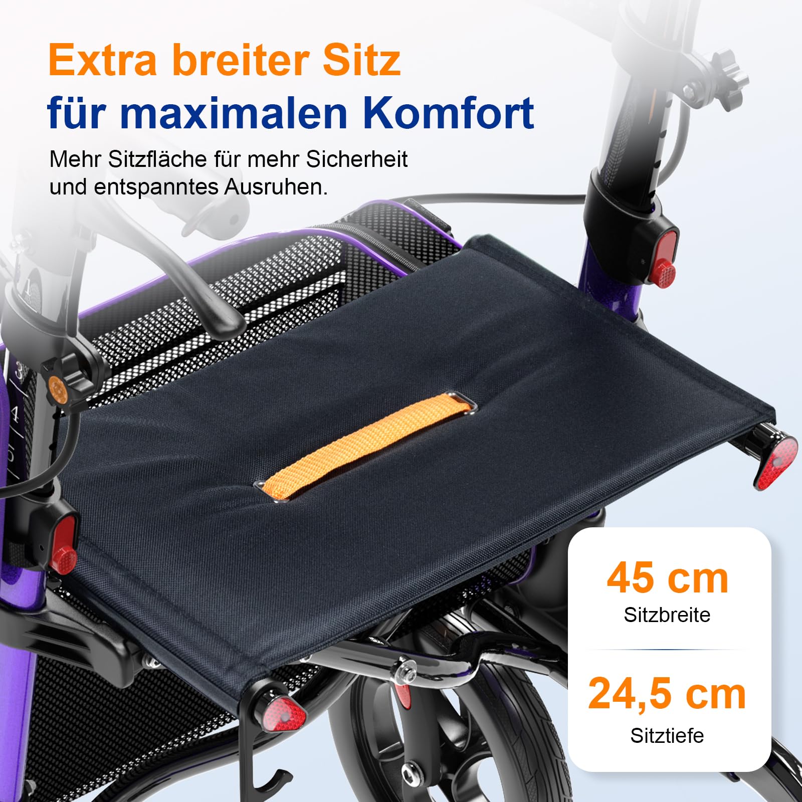 Andadores para personas mayores, andador con asiento, capacidad de carga de 159 kg, asiento grande (46 cm), ruedas de 20 cm, 6 niveles de ajuste de altura, andador con marco de aluminio ligero para