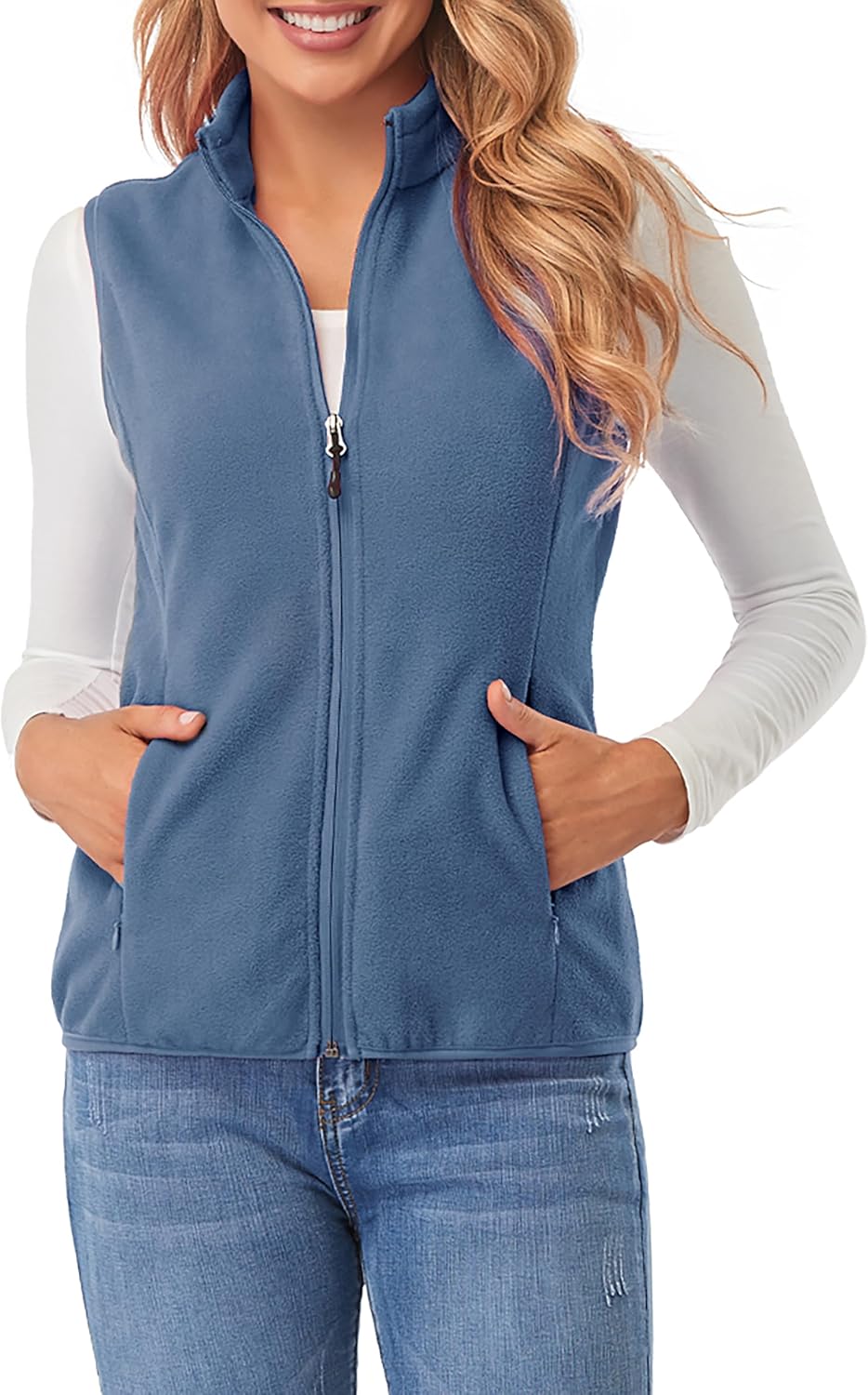 fuinloth Women's Sleeveless Fleece Gilet Lightweight with Stand-Up Collar and Zip Pockets