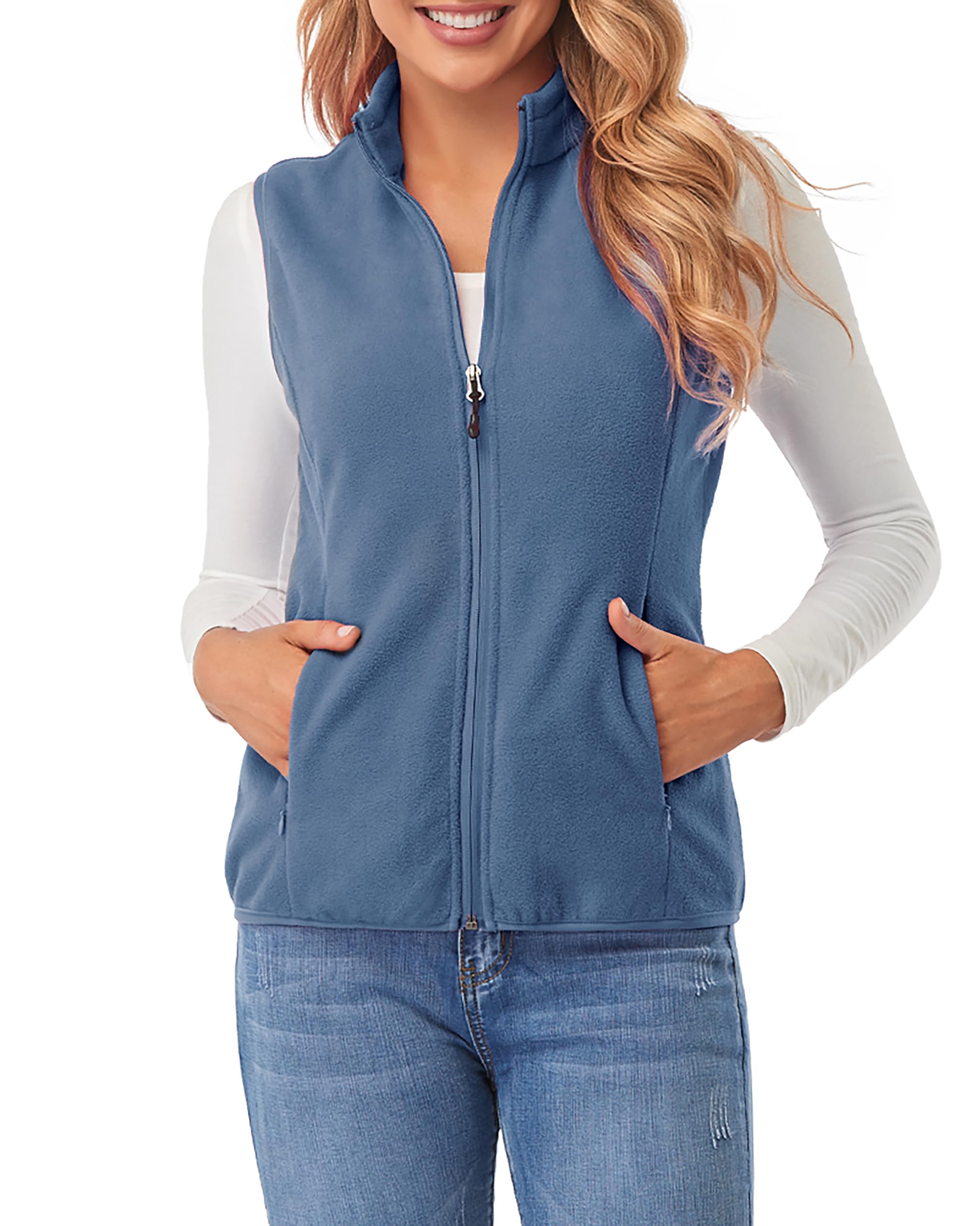 fuinloth Women's Fleece Gilet, Polar Soft Sleeveless Classic Fit Bodywarmer Vest with Zip up Pockets Ash Blue Small