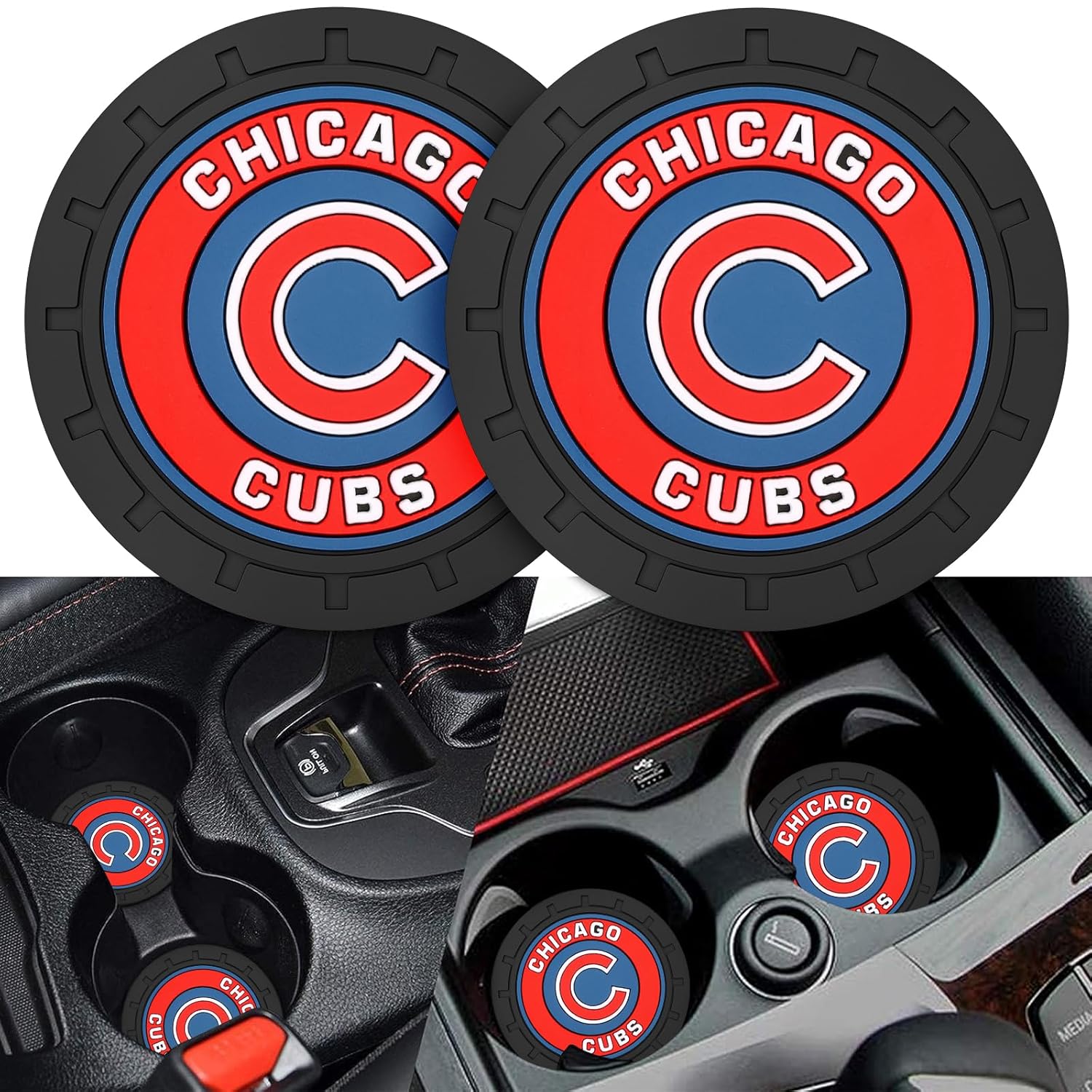 2PCS Car Cup Holder Coaster Auto Cup Holder Insert Coaster for Chicago Cubs Baseball Fans Non-Slip Car Drink