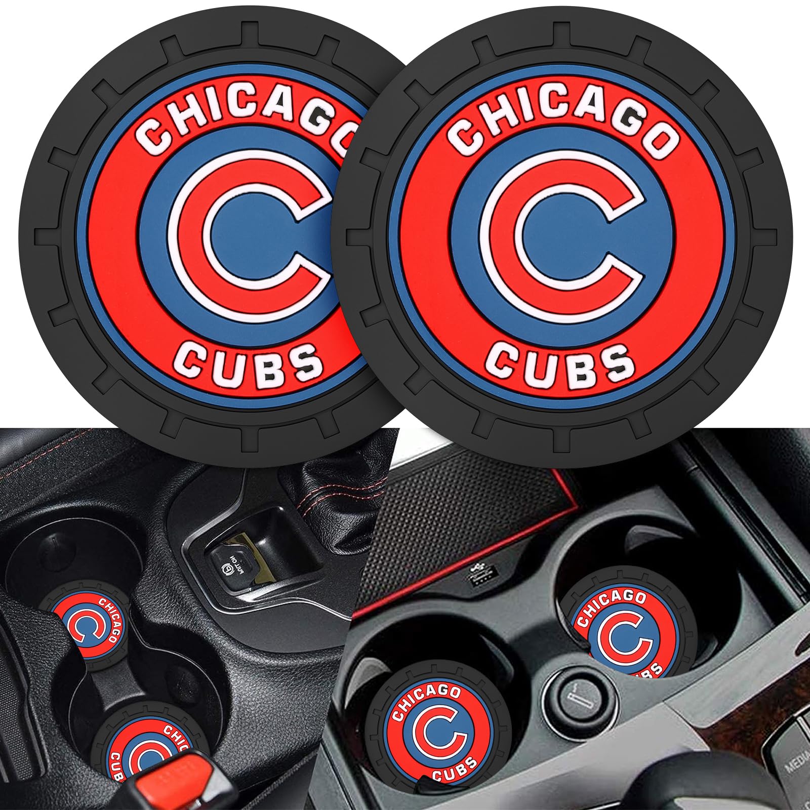 2PCS Car Cup Holder Coaster Auto Cup Holder Insert Coaster for Chicago Cubs Baseball Fans Non-Slip Car Drink