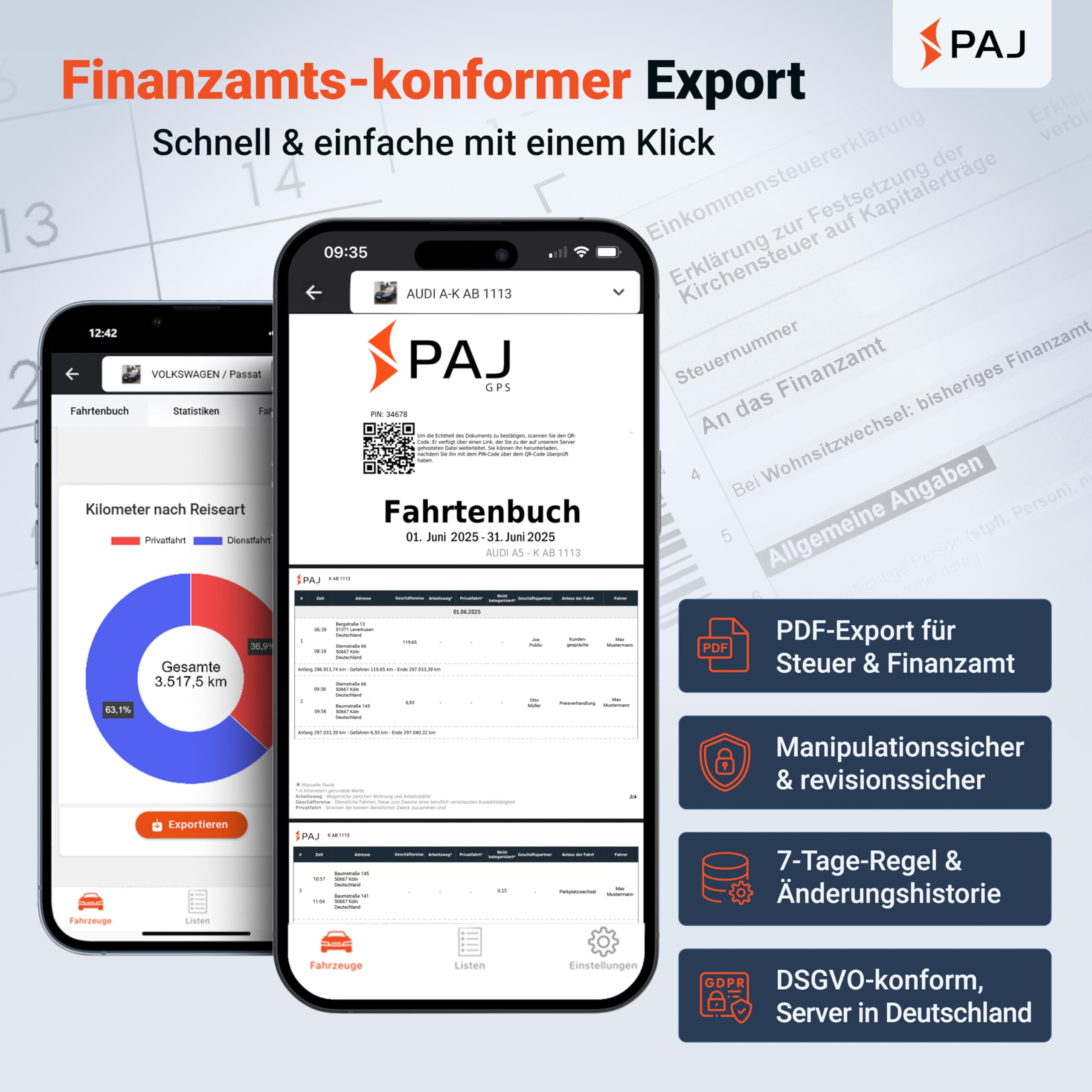 PAJ GPS elektronisches Fahrtenbuch, finanzamtkonform, lückenlos & manipulationssicher, OBD2 Stecker, automatische GPS Aufzeichnung, Global SIM Karte, Auto, LKW UVM