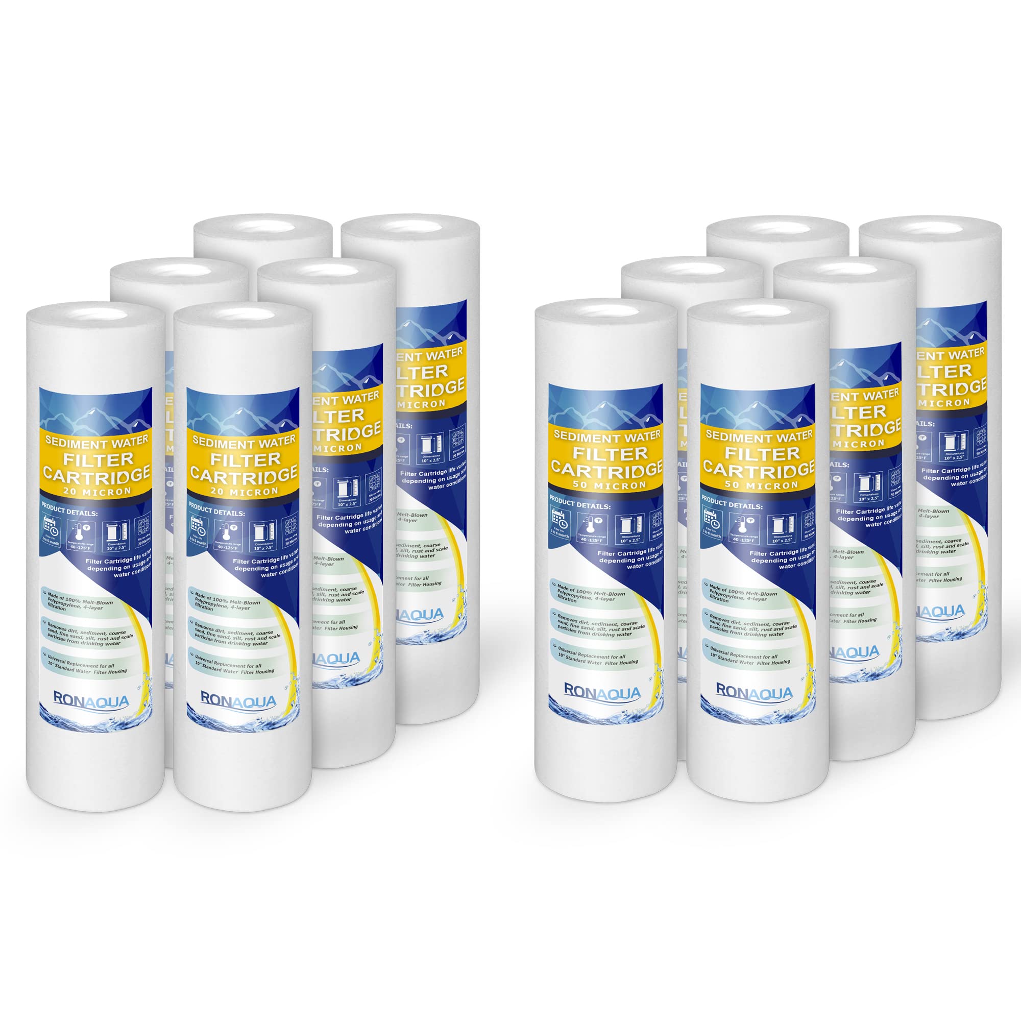 Ronaqua 5 Micron Sediment Water Filter Cartridge 10"x2.5", NSF Certified, 4-Layer Filtration For Any 10-inch RO Units & Whole House Systems, Compatible With Culligan P5, AP110, WHKF-GD05, 6 Pack