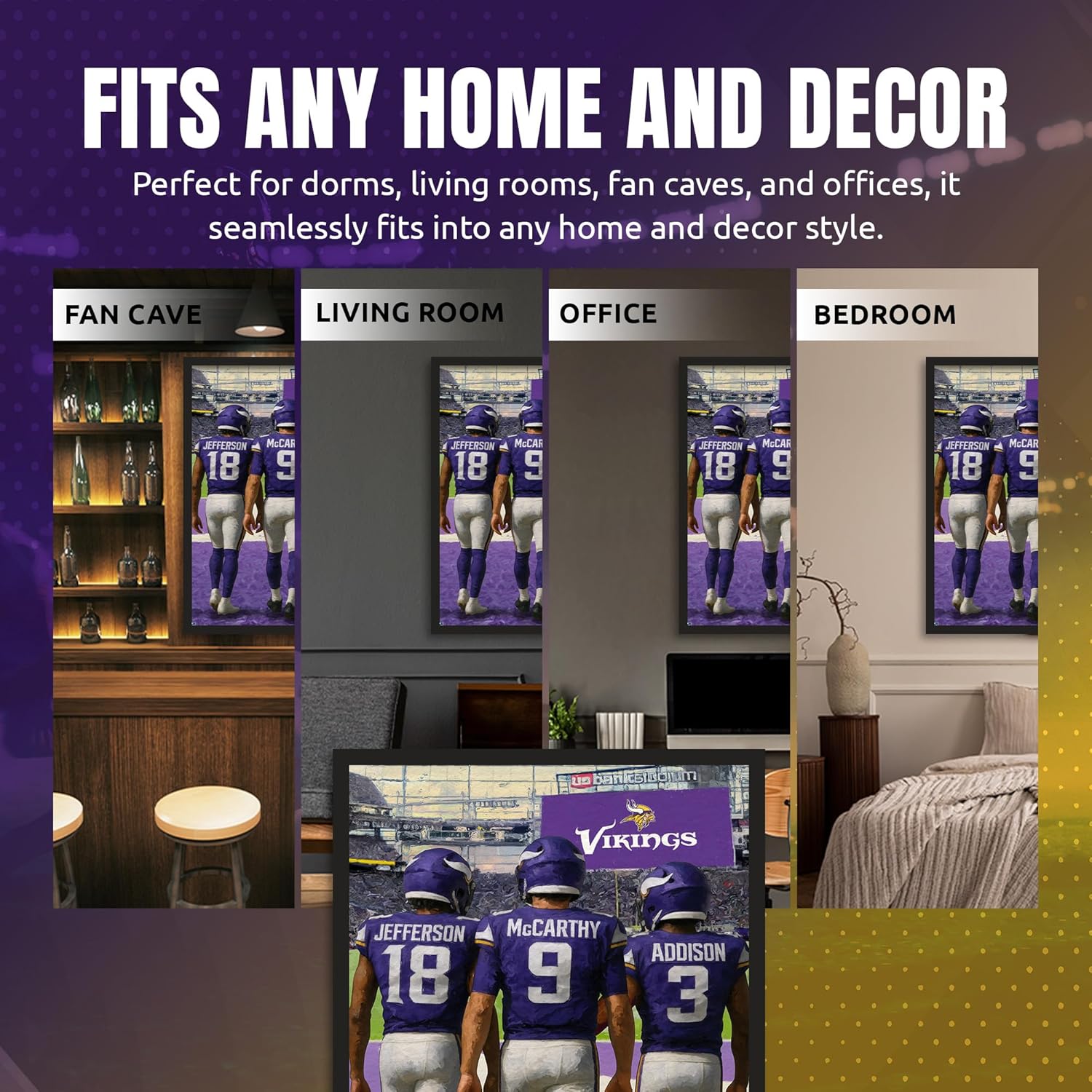 Sporticulture NFL American Football Framed Wall Art - Minnesota Vikings - Justin Jefferson - J.J. Mcarthey - Jordan Addison - Picture Poster for Boys Bedroom and Man Cave, Ready to Hang, 14" x 20"