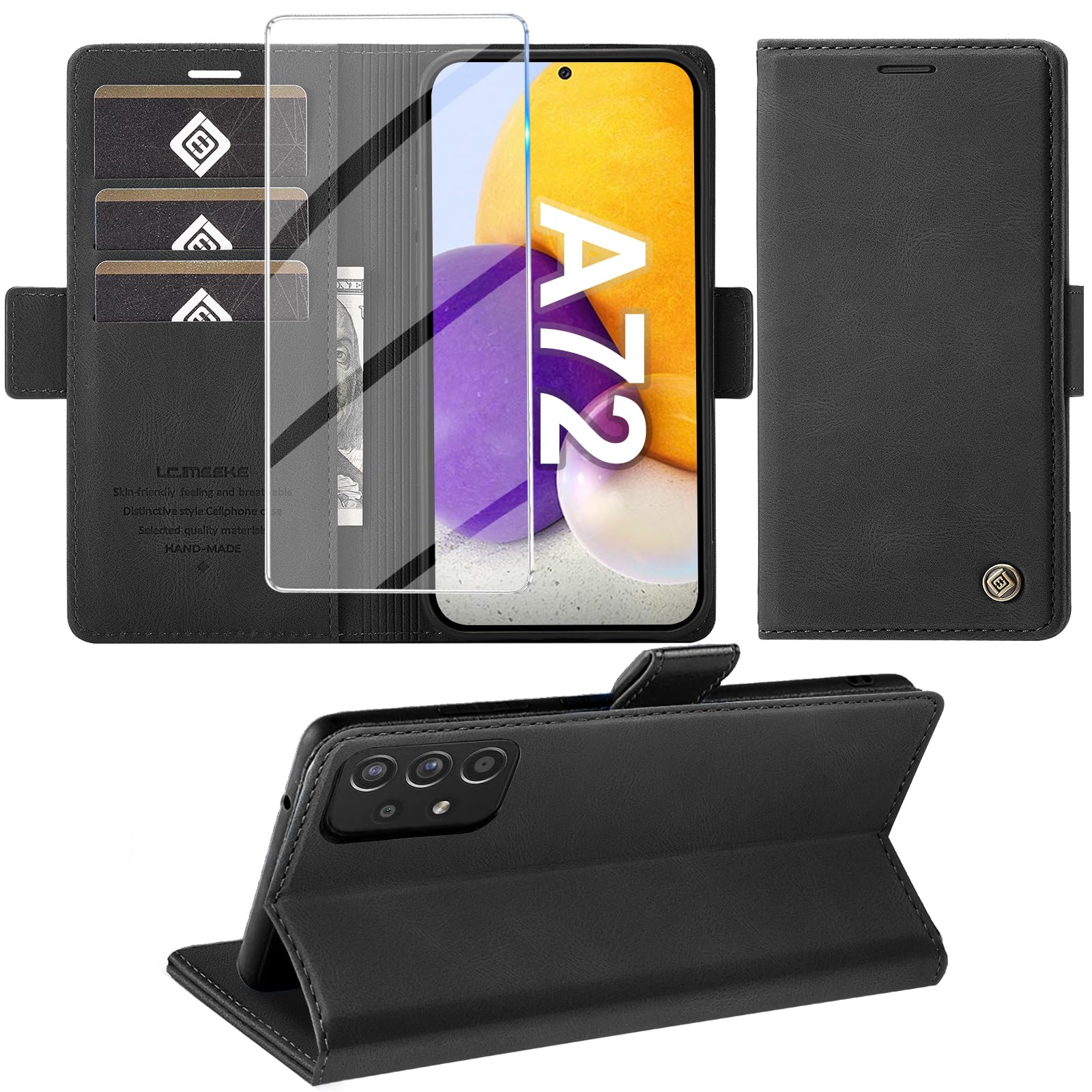 Giyer Handyhülle für Samsung Galaxy A72 Hülle mit Schutzfolie, Schutzhülle Galaxy A72 PU Leder Wallet Flip Case Standfunktion Kartenfach Klapphülle für Samsung A72 Cover Tasche (Schwarz)