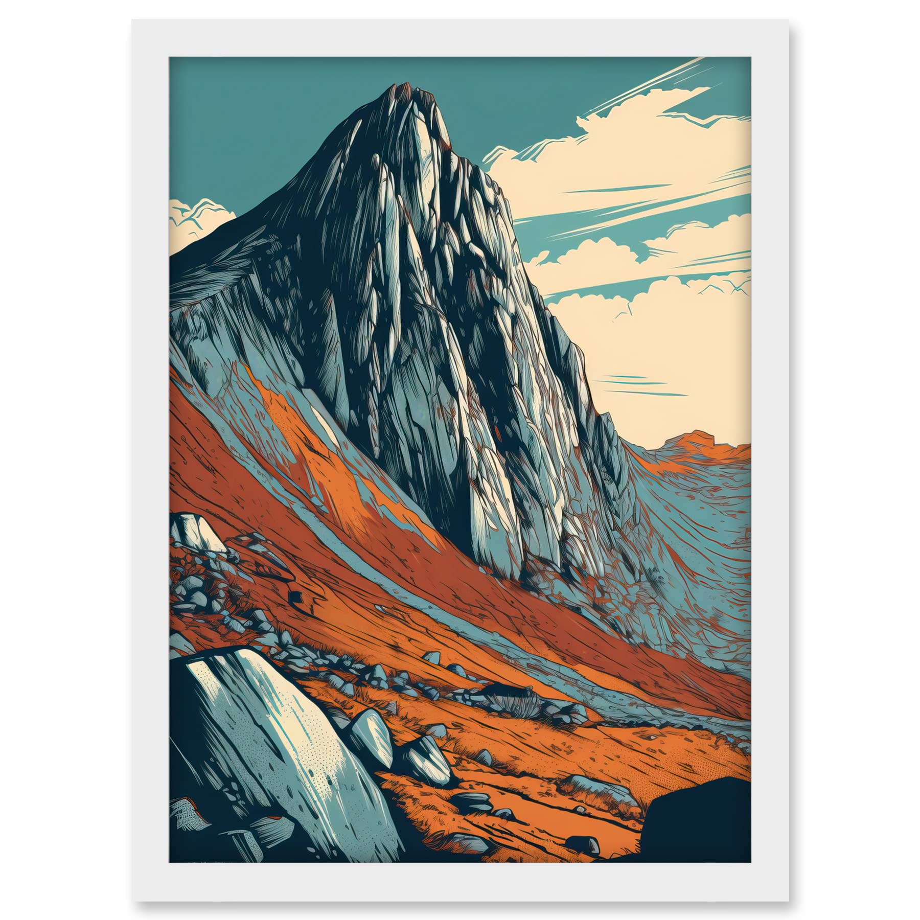 Artery8 Tryfan Mountain Peak Landscape Teal Brown Linocut Artwork Framed A3 Wall Art Print