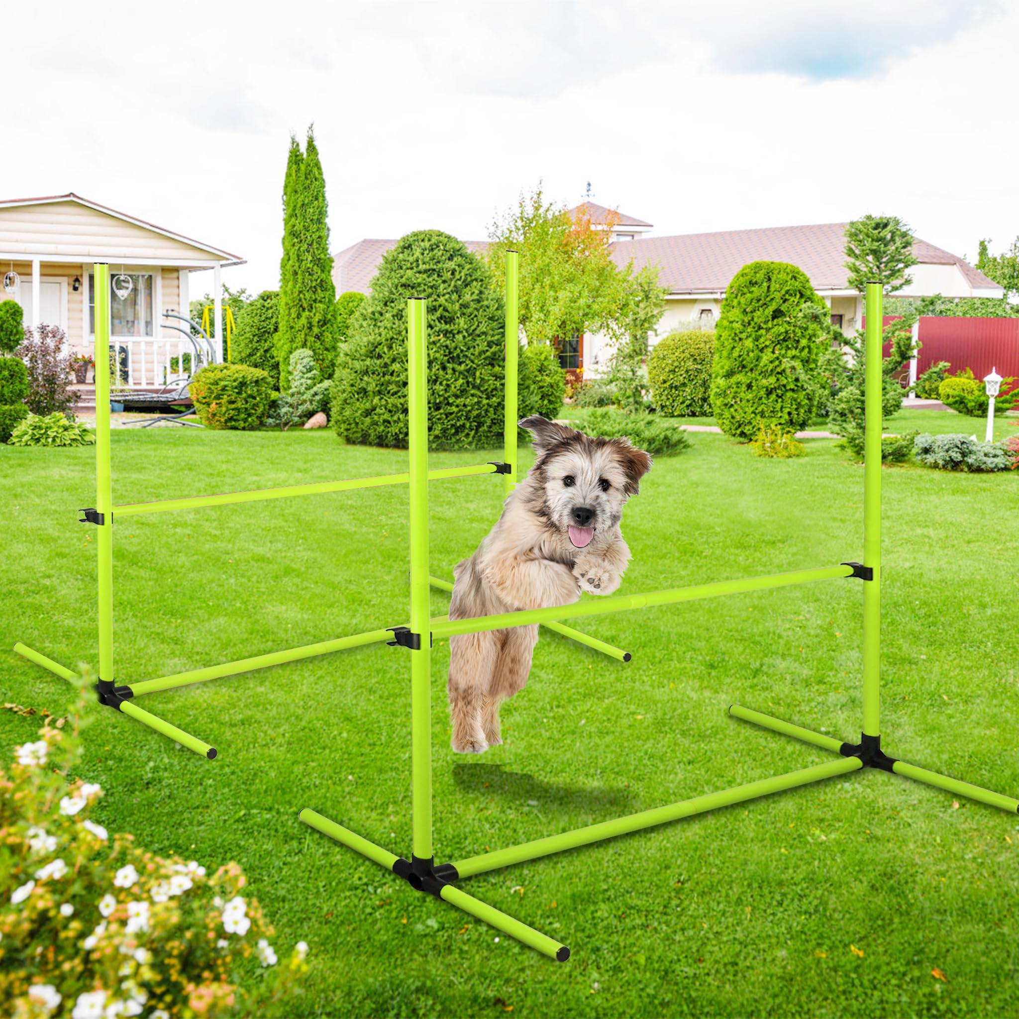 FIVMEN 4 x Agility zestaw drążków do slalomu dla psów, zestaw treningowy z regulacją wysokości, zestaw przeszkód z tworzywa sztucznego, hobby, z torbą transportową, do treningu psów, zielony