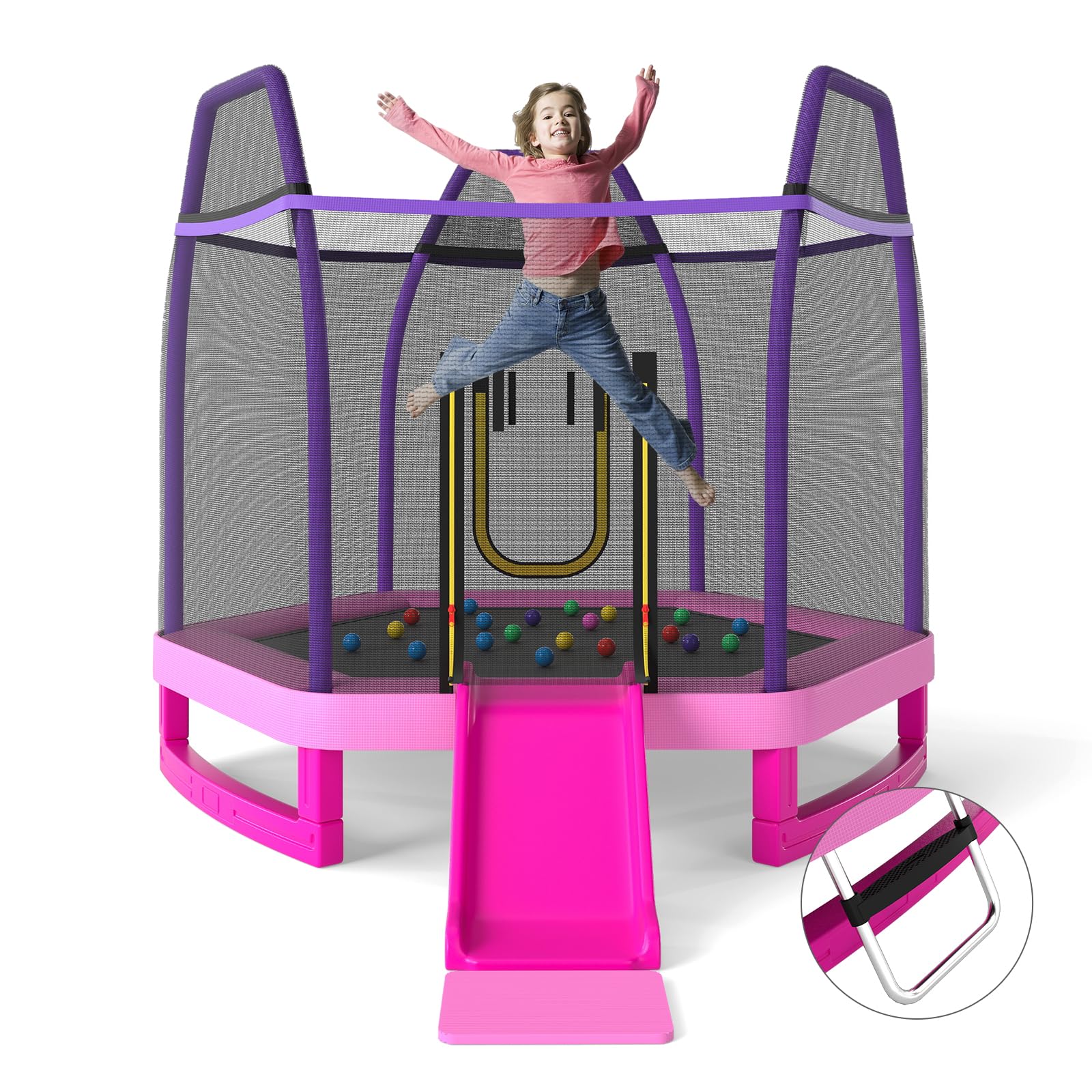 COSTWAY 7ft Kids Trampoline, Hexagonal Trampolines with Slide, Ladder, Safety Enclosure Net and Ocean Balls, Toddler Jumping House for Indoor Outdoor (Purple + Pink)